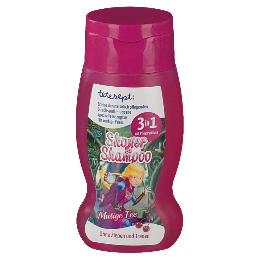 tetesept® Shower & Shampoo Mutige Fee. Rosa Flasche mit Klappverschluss. Etikett mit Produktname, Illustration und 3in1-Hinweis.