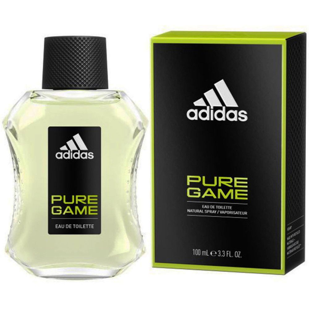 Adidas Pure Game Eau de Toilette Flakon und Verpackung. Schwarzer Deckel, Logo auf schwarzem Etikett. Grüne Verpackung.