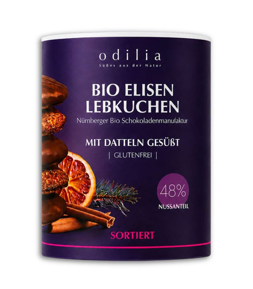 Dose mit Odilia Bio Elisen Lebkuchen, Nürnberger Bio Schokoladenmanufaktur, mit Datteln gesüßt, glutenfrei, 48% Nussanteil.