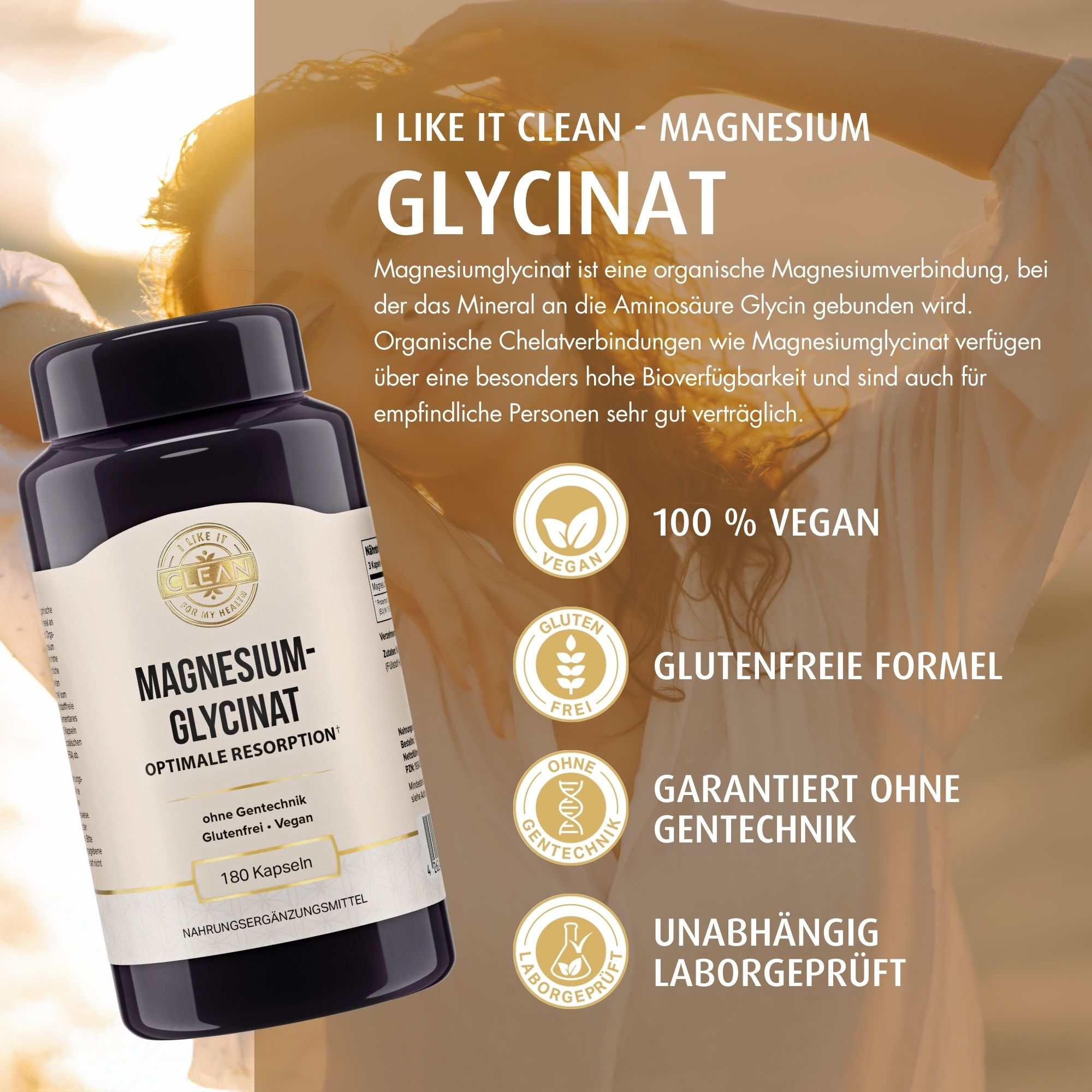 Dunkle Flasche mit Kapseln. Aufschrift: Magnesiumglycinat, 180 Kapseln, vegan, glutenfrei, ohne Gentechnik. Marke: I LIKE IT CLEAN.