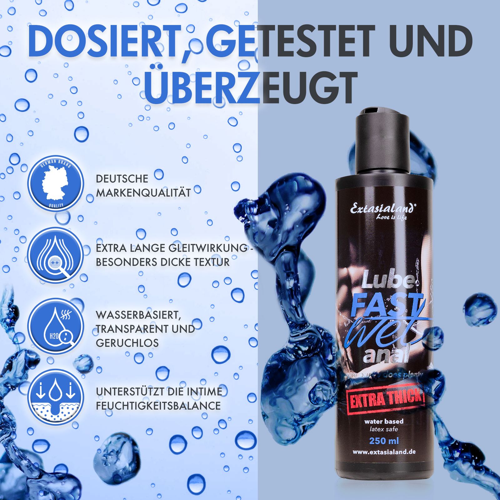 Schwarze Flasche mit Etikett 'Lube Fast Wet Anal Extra Thick', 250 ml, mit Icons.