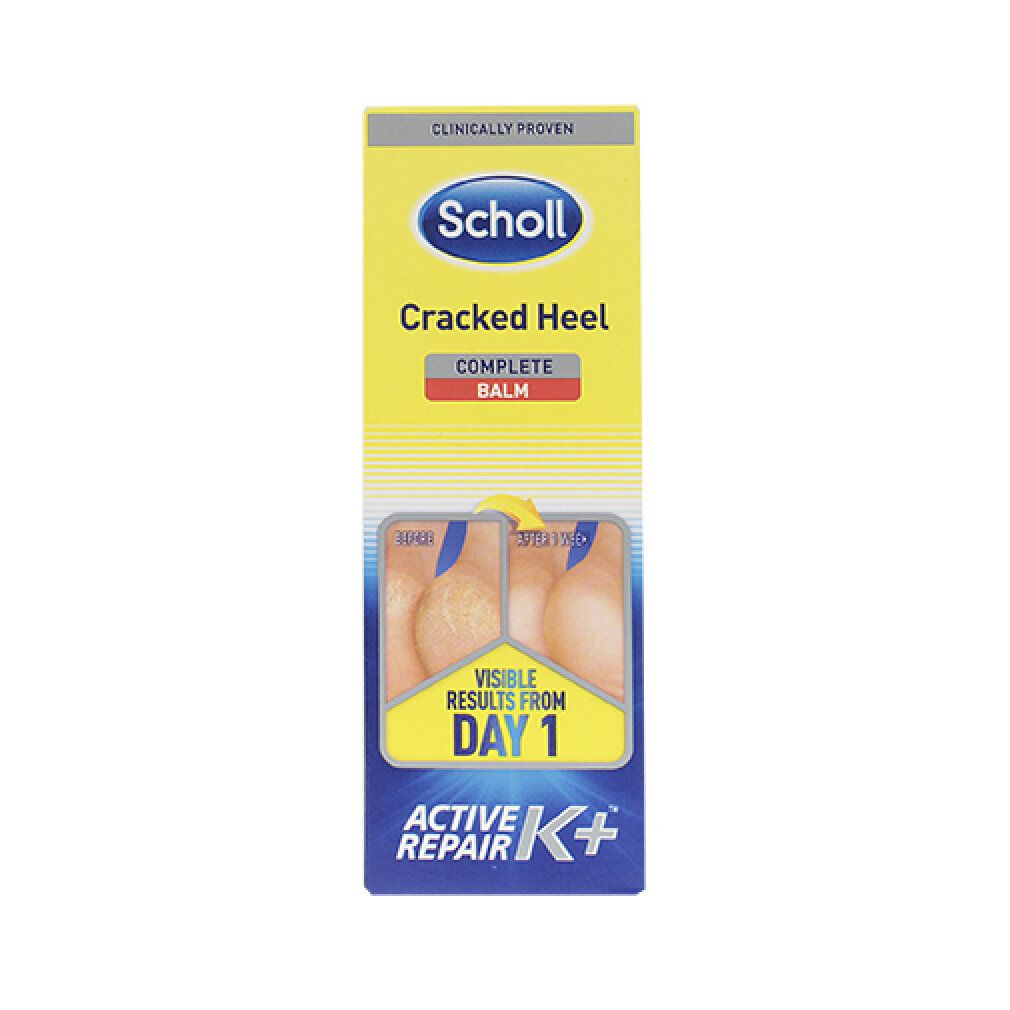 Scholl Cracked Heel Complete Balm. Verpackung mit Produktabbildung. Schriftzug: Visible Results From Day 1. Active Repair K+.