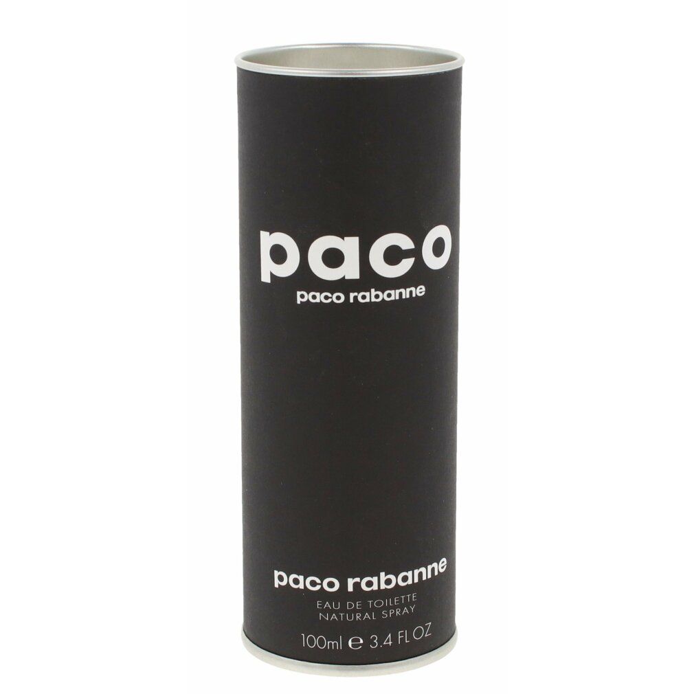Schwarze zylindrische Verpackung mit weißem "paco"-Schriftzug. Darunter "paco rabanne" und Produktinformationen.