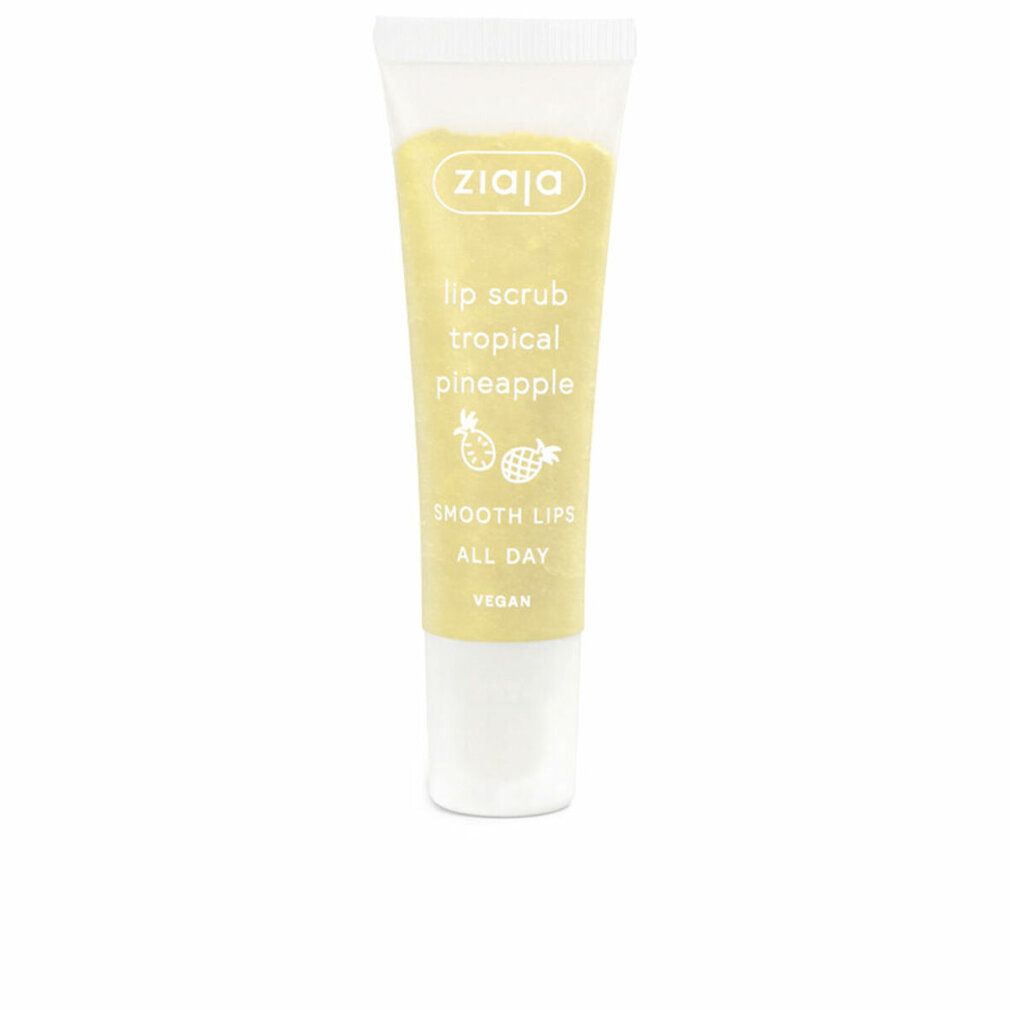 Ziaja Lippenpeeling Tropical Pineapple in einer Tube. Mit Ananas-Symbolen und Text.