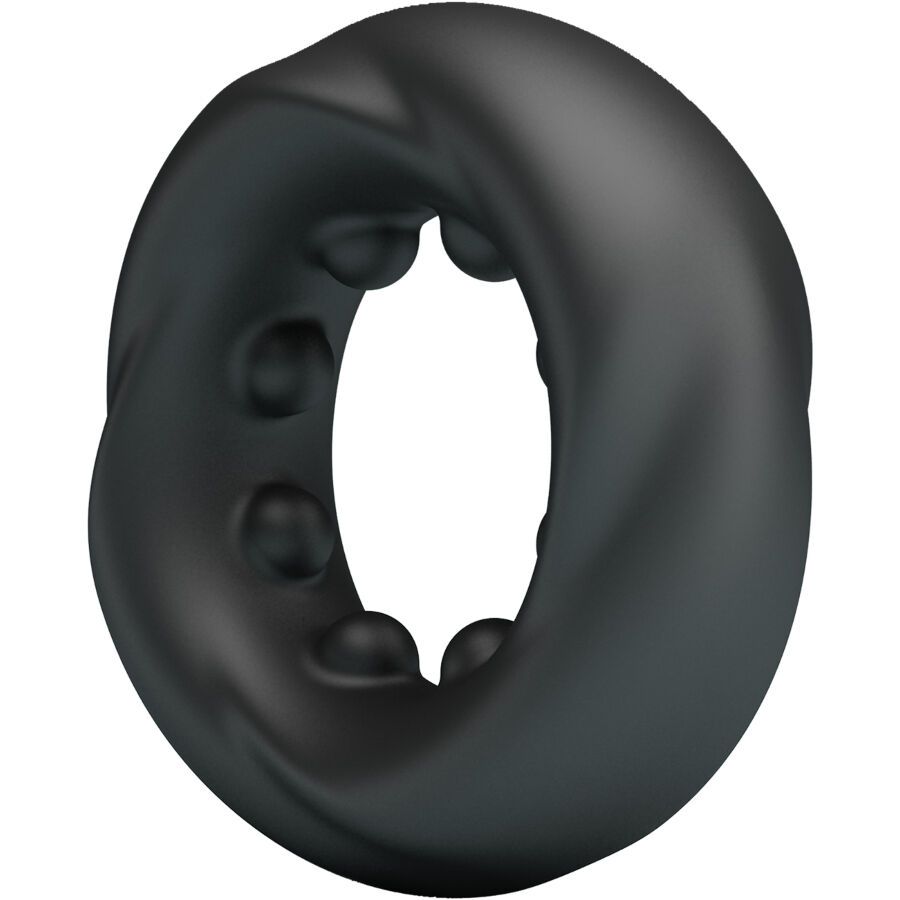 Schwarzer Penisring aus Silikon. Ringförmig, mit spiralförmiger Struktur und Noppen im Inneren.