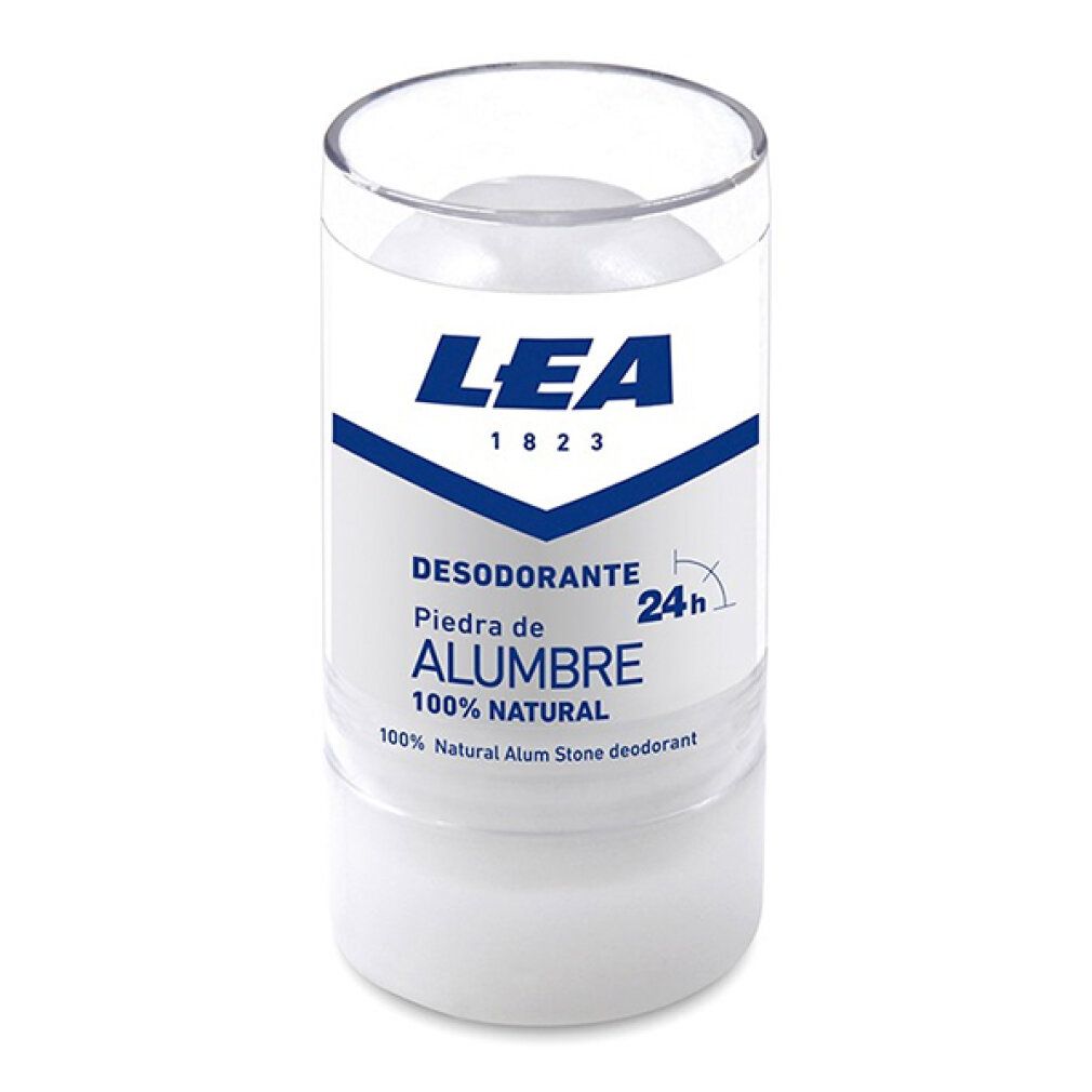 LEA Alum Stone Deodorant Stick. Weißer Stick in transparenter Hülle. Aufschrift: DESODORANTE PIEDRA DE ALUMBRE 100% NATURAL.