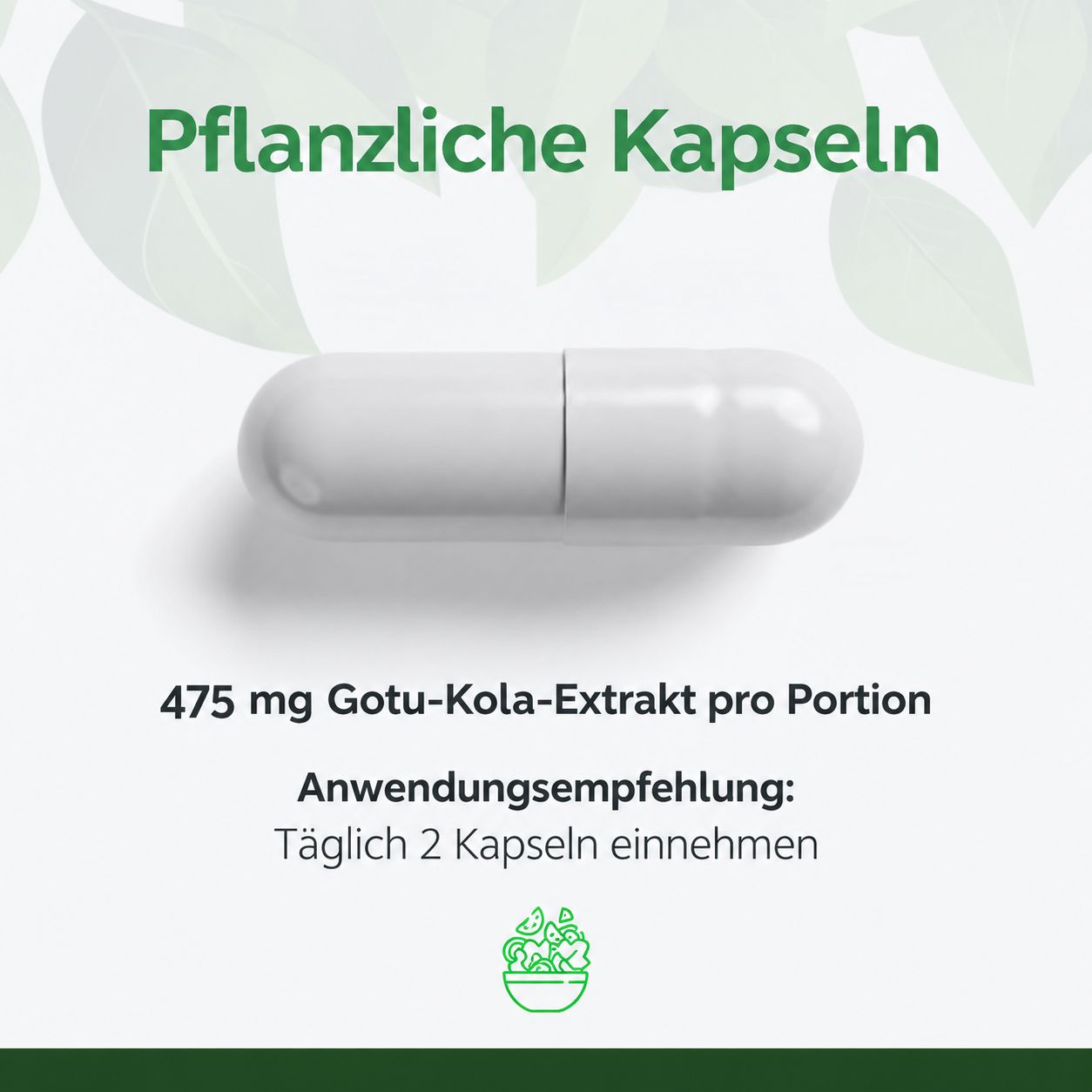 Eine weiße pflanzliche Kapsel mit 475 mg Gotu-Kola-Extrakt.