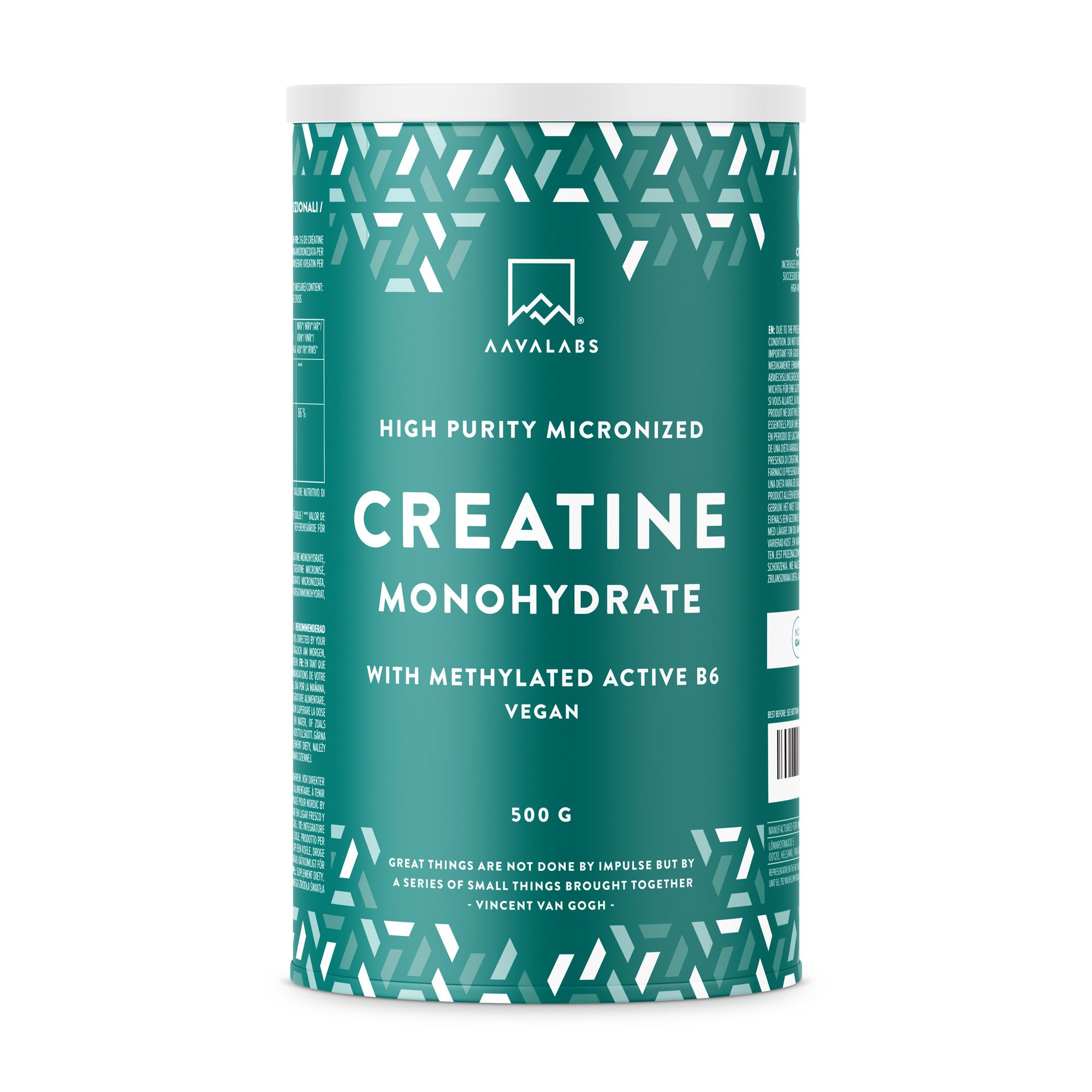 Zylindrische Dose mit grünem Etikett. Text: Kreatin Monohydrat, 500g, Vegan. Marke: AAVALABS.