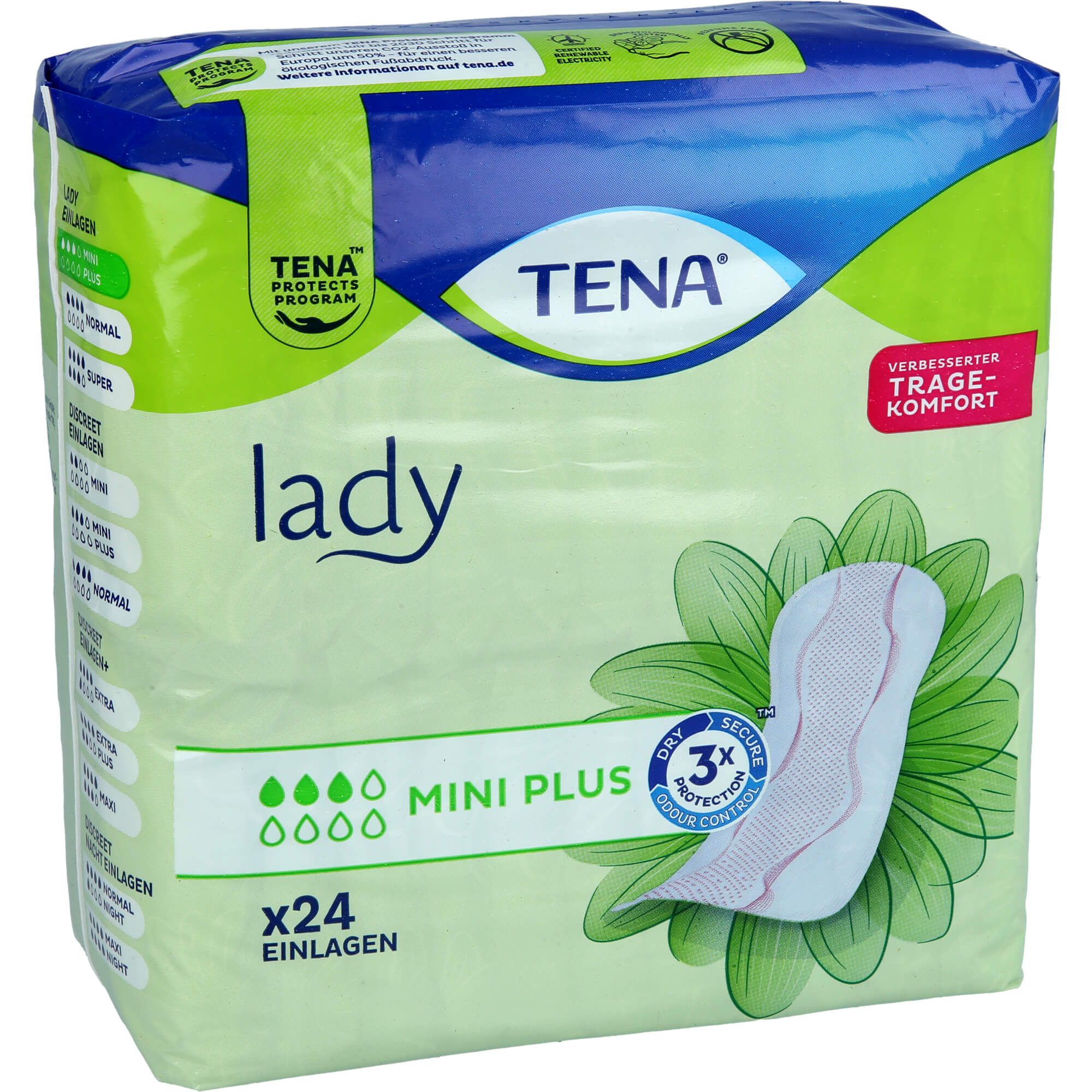 Verpackung von TENA Lady Mini Plus. Grün-weißes Design mit Produktabbildung und Text: 'lady', 'x24 Einlagen'.