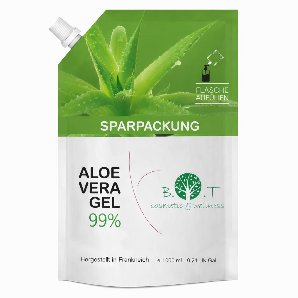 Beutel mit Aloe Vera Gel. Aufdruck: Aloe Vera Gel 99%, Sparpackung, B.O.T cosmetic & wellness. Mit Ausgießer.