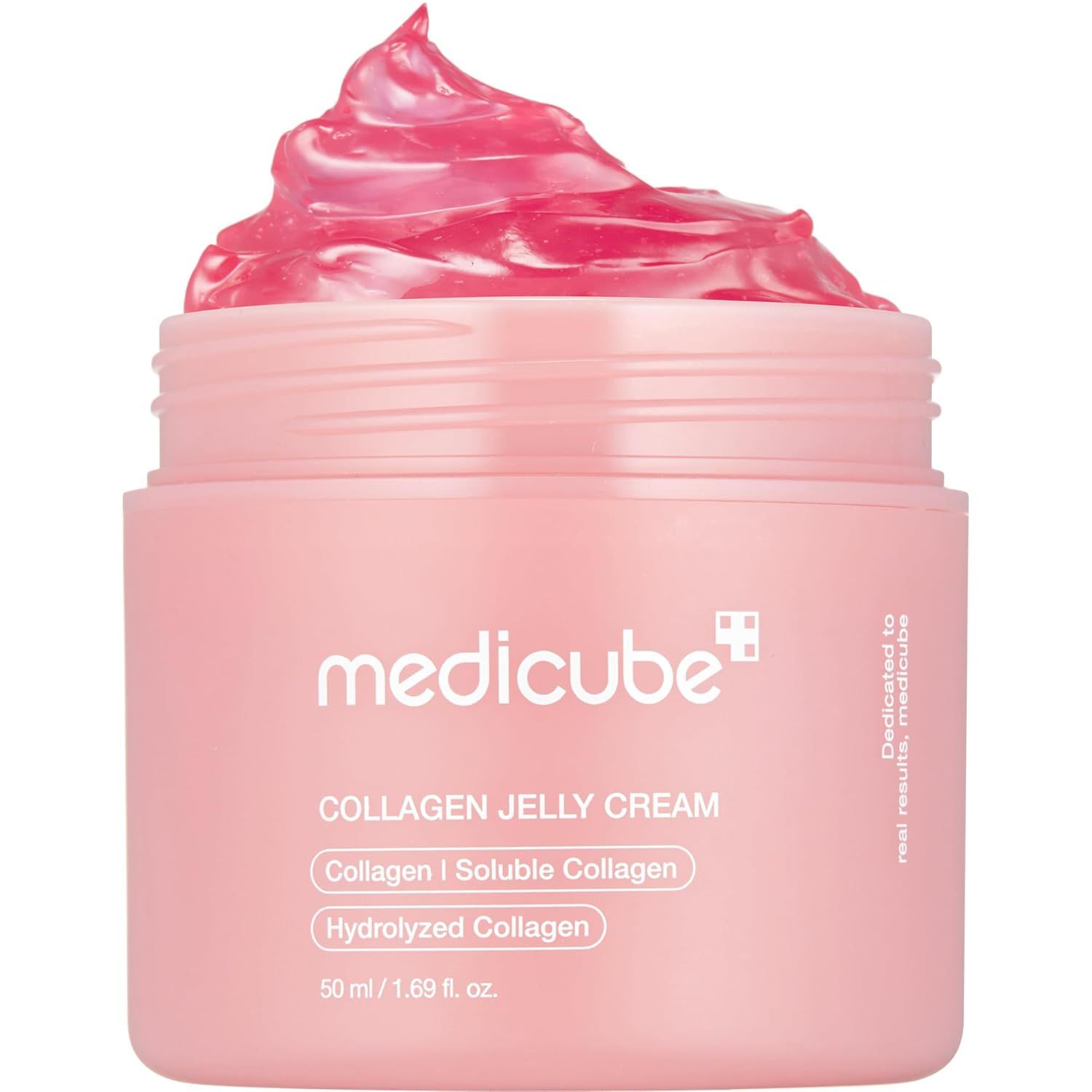 Offene Dose Medicube Collagen Jelly Cream mit rosa Gel. Aufschrift: Collagen Jelly Cream, Collagen I Soluble Collagen, Hydrolyzed Collagen.