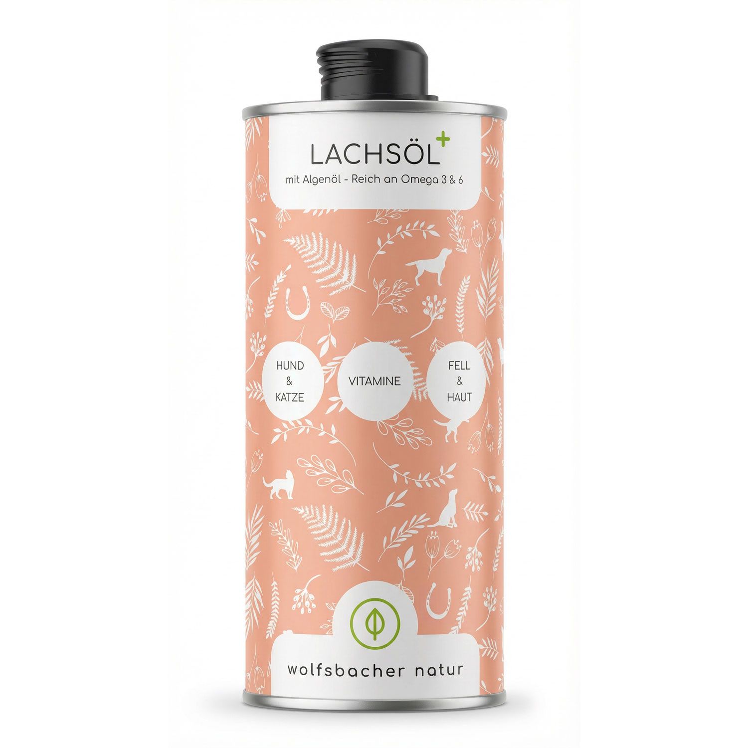 Dose Lachsöl mit Algenöl. Aufschrift: Hund & Katze, Vitamine, Fell & Haut. Logos: Wolfsbacher Natur, Omega 3 & 6.