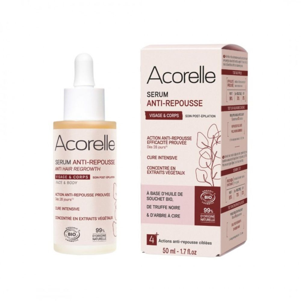 Acorelle Anti-Haarwuchs-Serum. Flasche und Verpackung. Enthält Bio-Zertifizierung. Text: Serum Anti-Repousse, 50 ml.