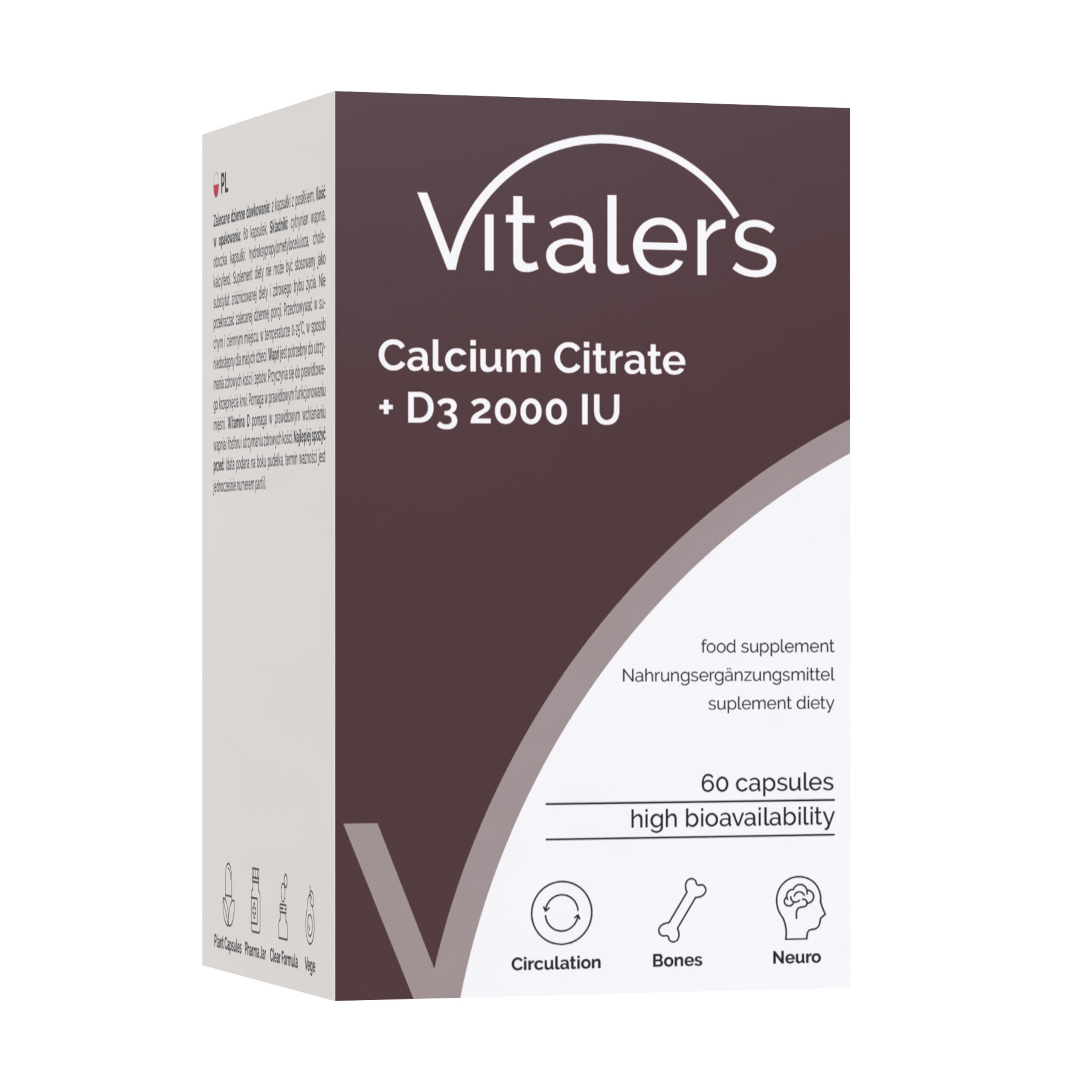Braune Schachtel mit Aufschrift: Vitaler's Calcium Citrate + D3 2000 IE. 60 Kapseln. Symbole für Neuro, Kreislauf, Knochen, Kapseln.
