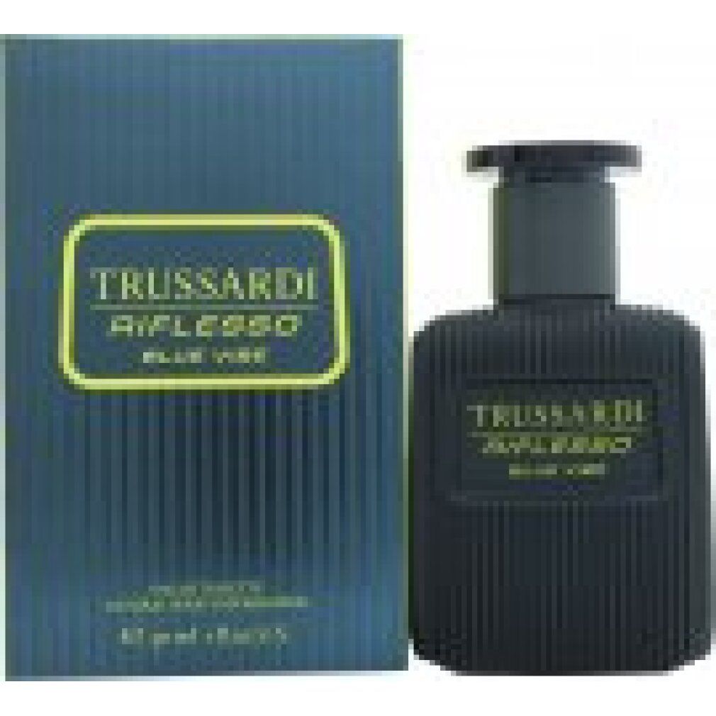 Trussardi Riflesso Blue Vibe Eau de Toilette Set: dunkelblaue Verpackung und Flasche mit goldener Beschriftung.