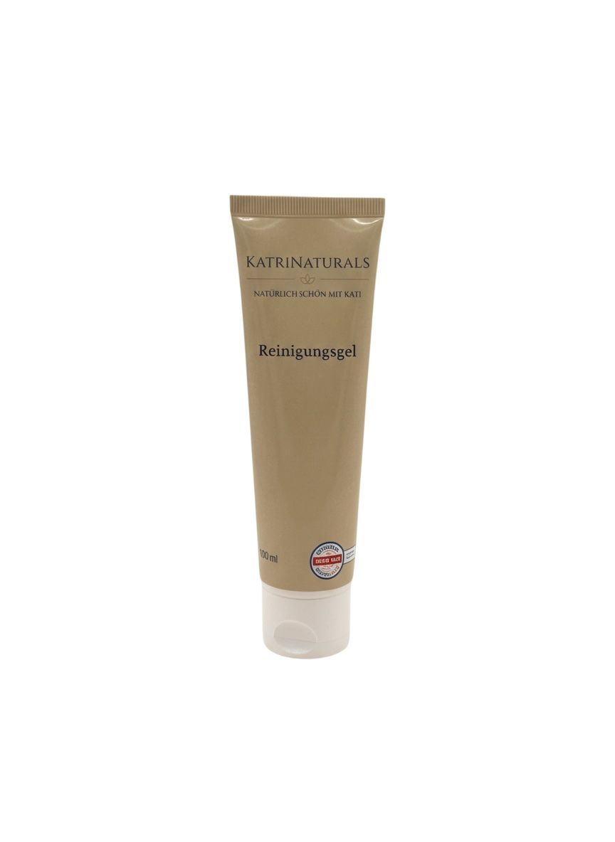 Beigefarbene Tube mit weißem Verschluss. Aufschrift: KatriNaturals, Reinigungsgel. Logo und Qualitätszeichen.