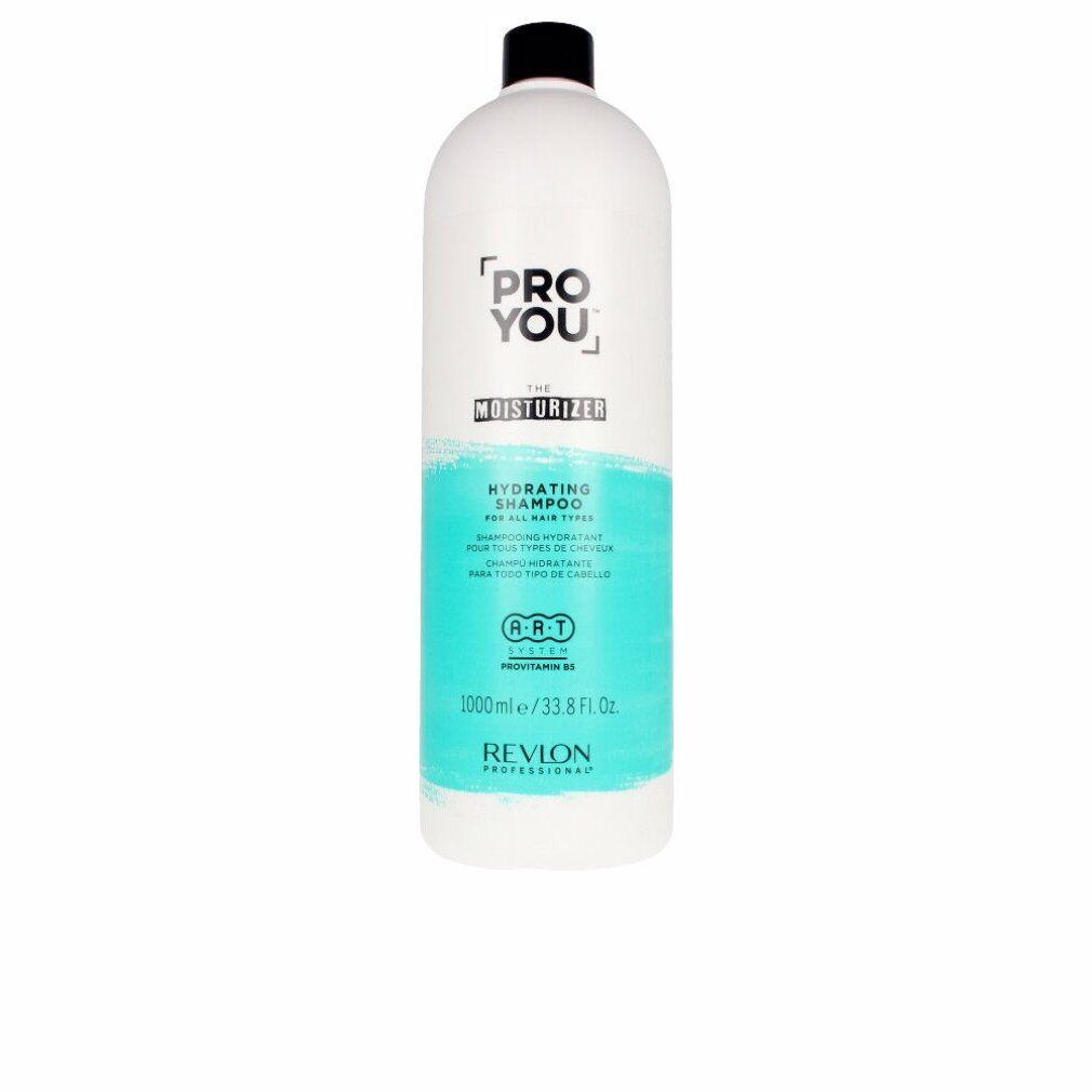 Weiße Shampoo-Flasche mit schwarzem Deckel. Aufschrift: Pro You The Moisturizer. Türkisfarbener Streifen mit Text. Revlon-Logo.