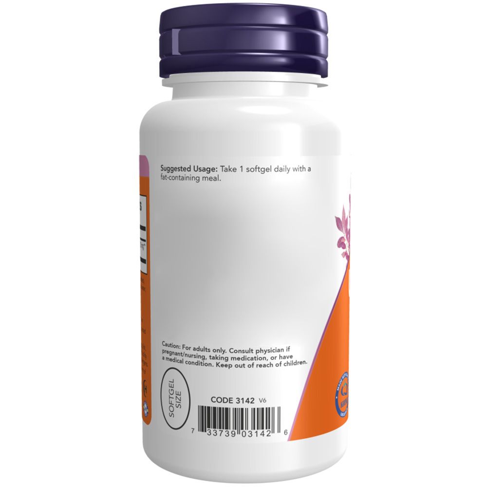 Rückseite einer weißen Flasche mit lila Deckel und orangefarbenem Etikett. Text: Suggested Usage. Barcode und Softgel-Größe.