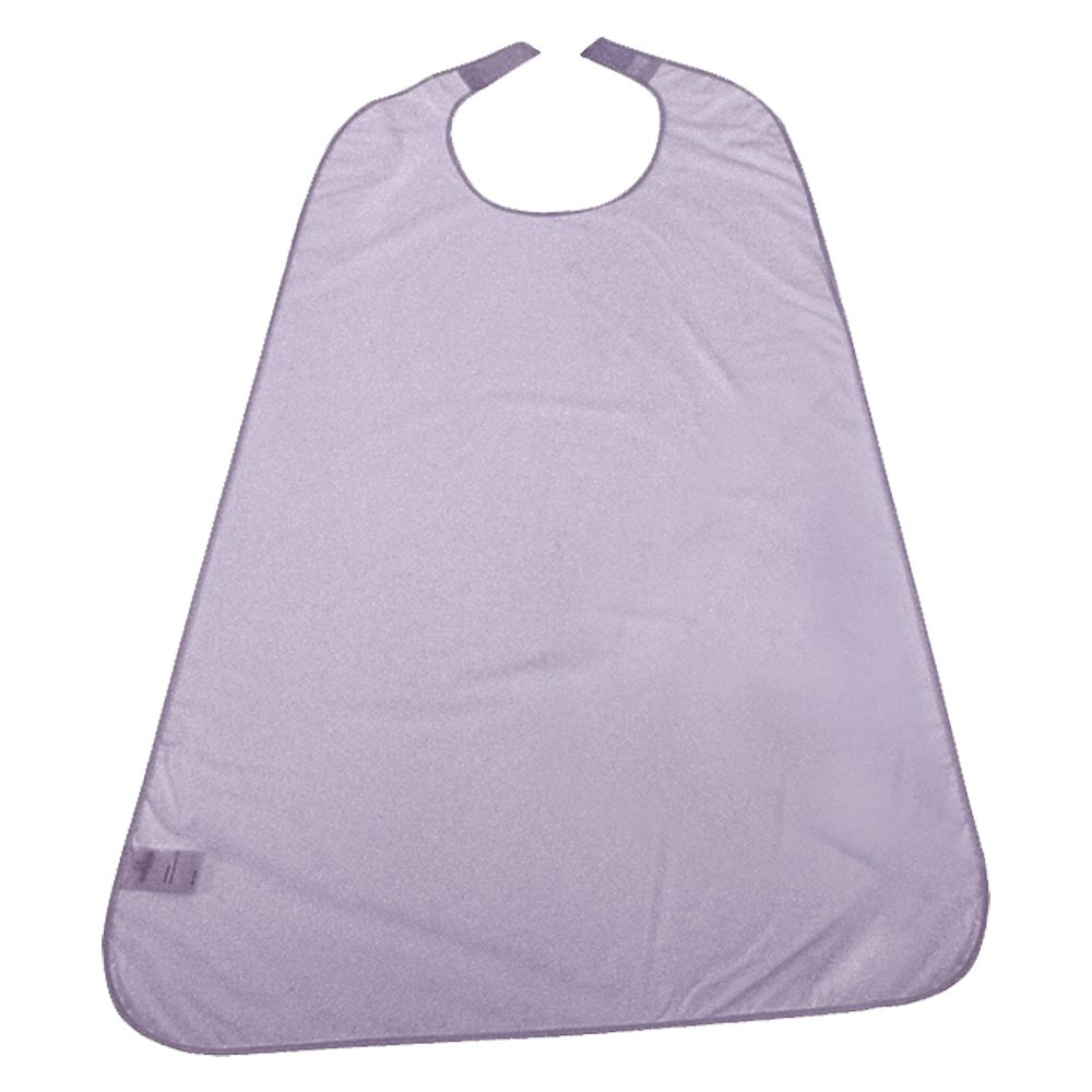 Helllila PVC Ess-Schürze/Lätzchen mit grauem Rand und Nackenband. Kleines Etikett unten links.