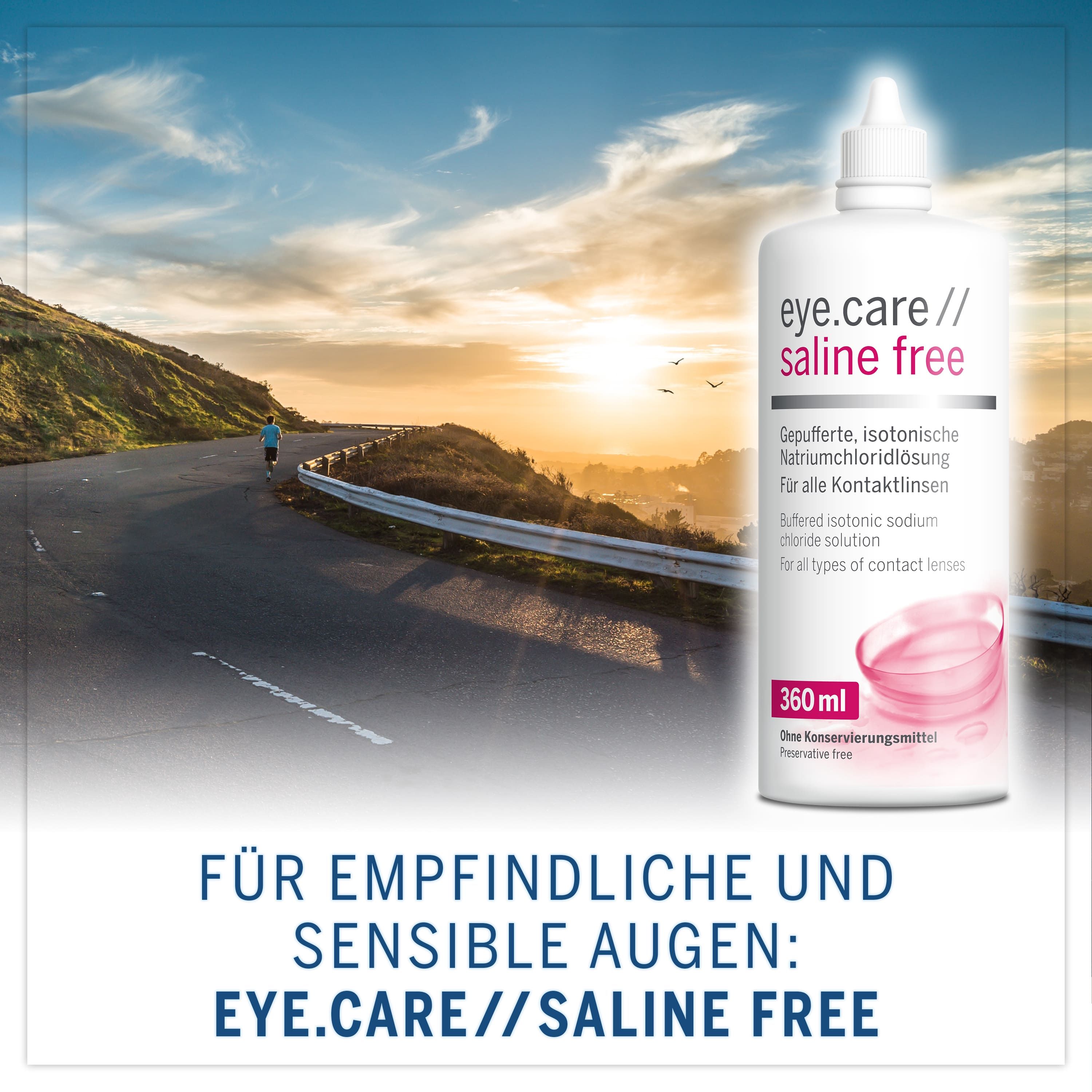 eye.care // saline free Flasche vor Landschaft. Für empfindliche und sensible Augen.