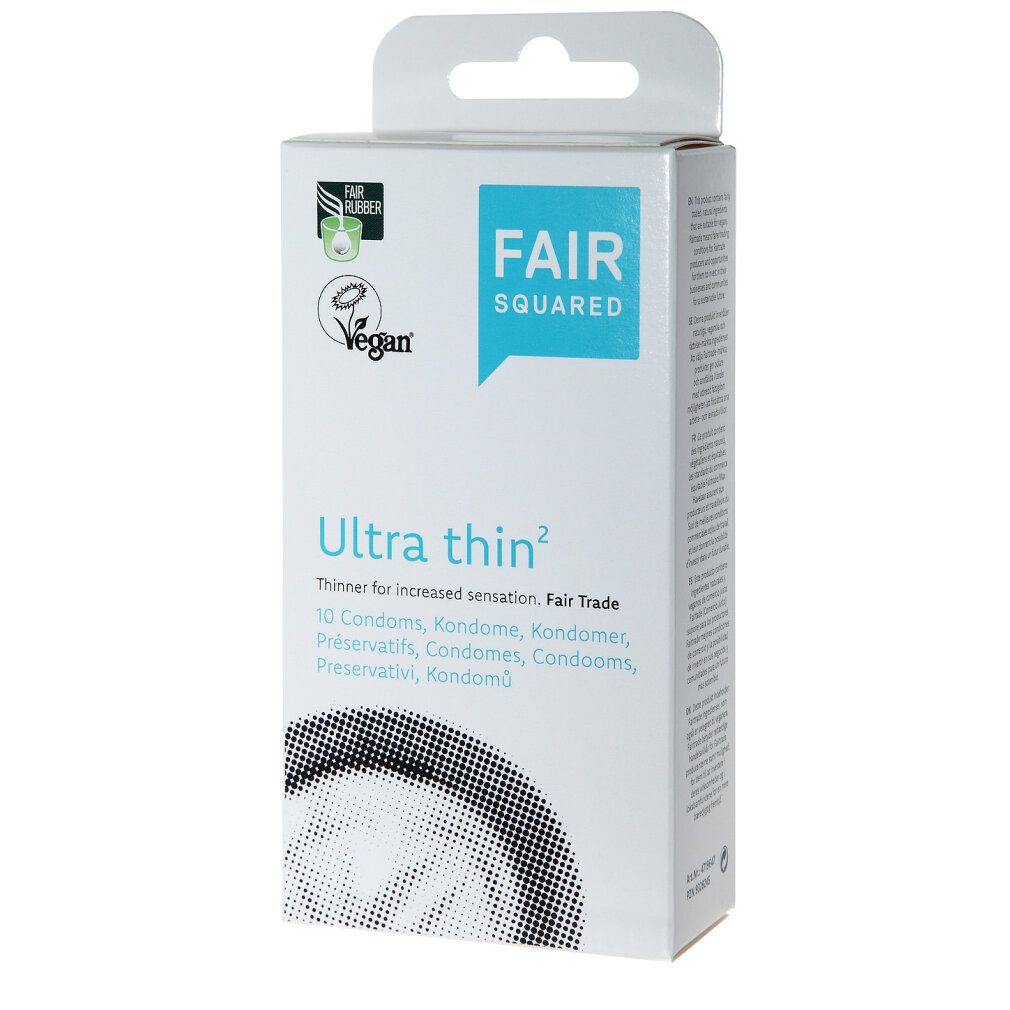 Kondom-Schachtel mit Aufschrift "Fair Squared Ultra thin". Vegan-Siegel und Fair Rubber-Logo. Verpackung mit Aufhänger.