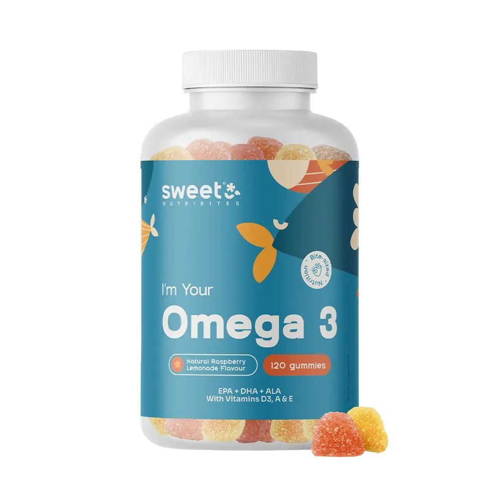 Klare Plastikflasche mit Omega-3 Gummibonbons. Aufkleber mit Produktnamen, Inhaltsstoffen und 120 Gummies. Einige Gummis daneben.