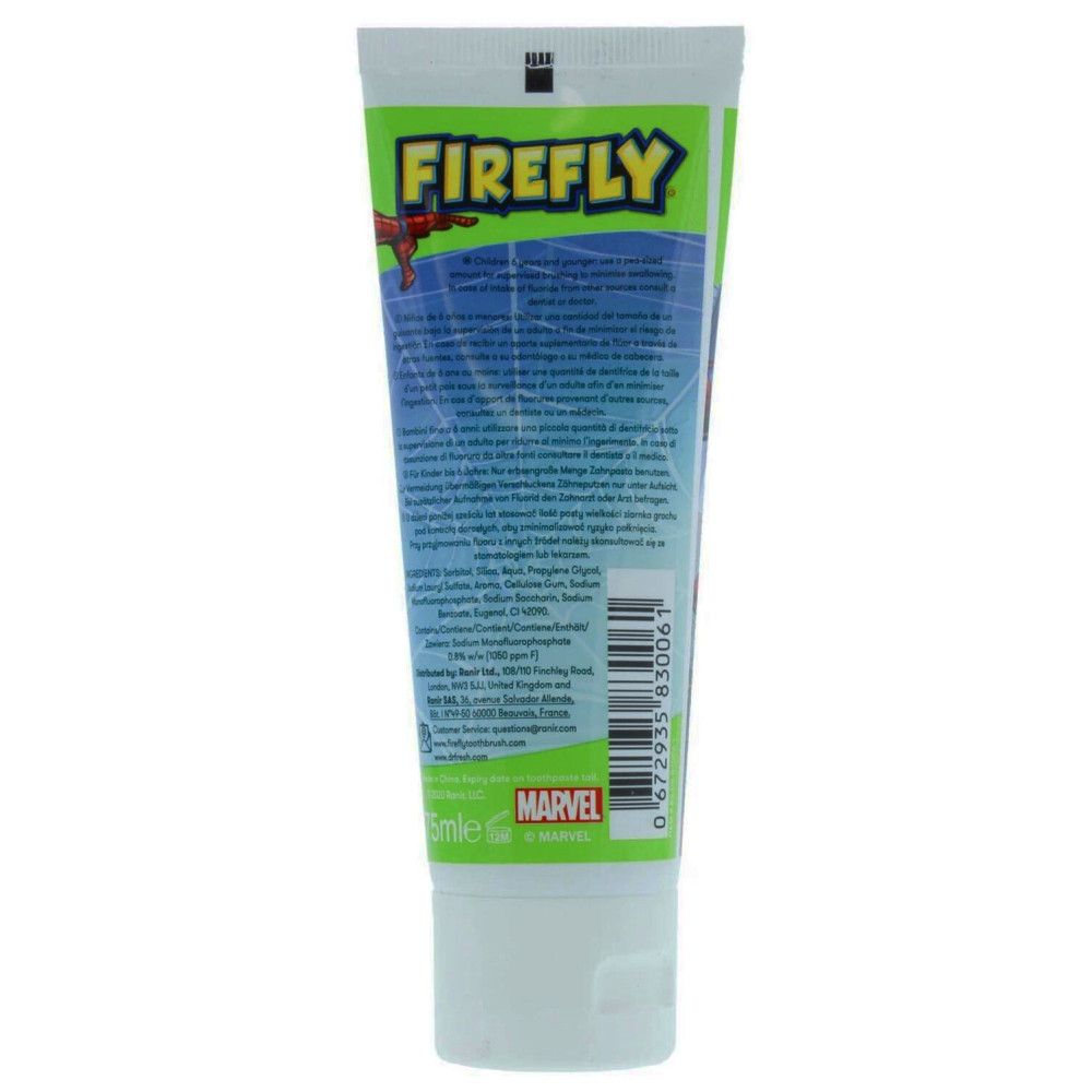 Rückseite der Zahnpasta-Tube mit Text und Inhaltsstoffen. "Firefly"-Logo und Marvel-Logo.