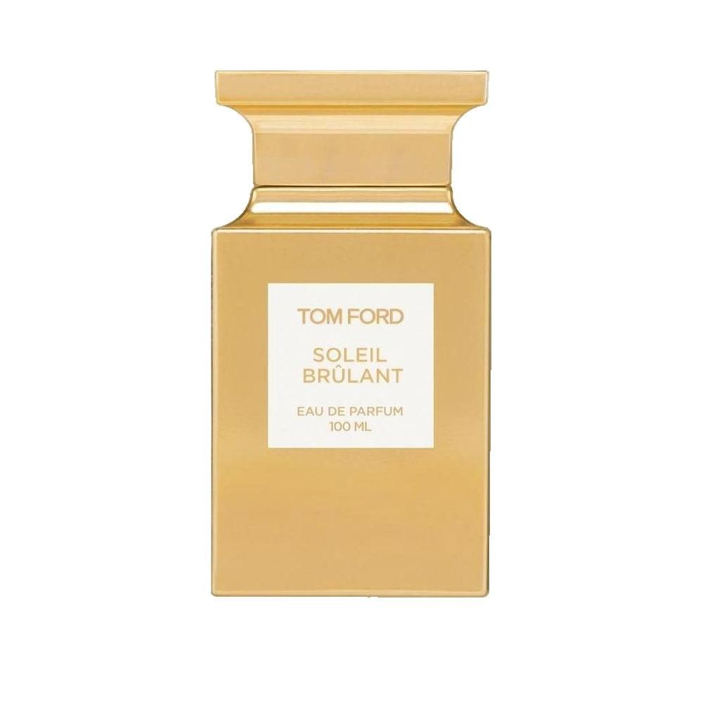 Goldfarbener Flakon mit quadratischem Korpus und rechteckigem Etikett. Aufschrift: Tom Ford Soleil Brûlant, Eau de Parfum.