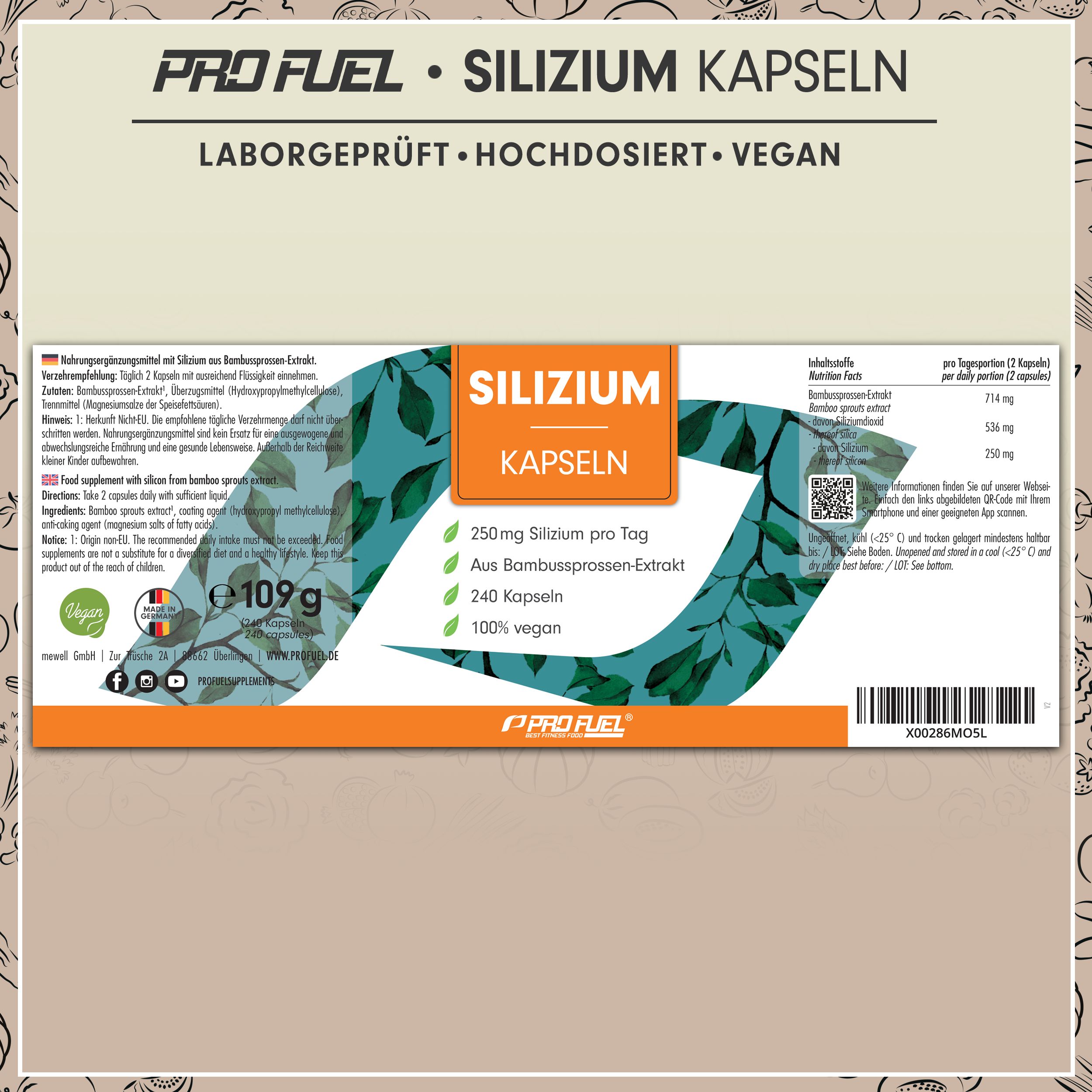 Verpackung Silizium Kapseln. Orangefarbene Schachtel mit Produktinformationen. 240 Kapseln, 250 mg Silizium pro Tag. Laborgeprüft, vegan, hochdosiert.