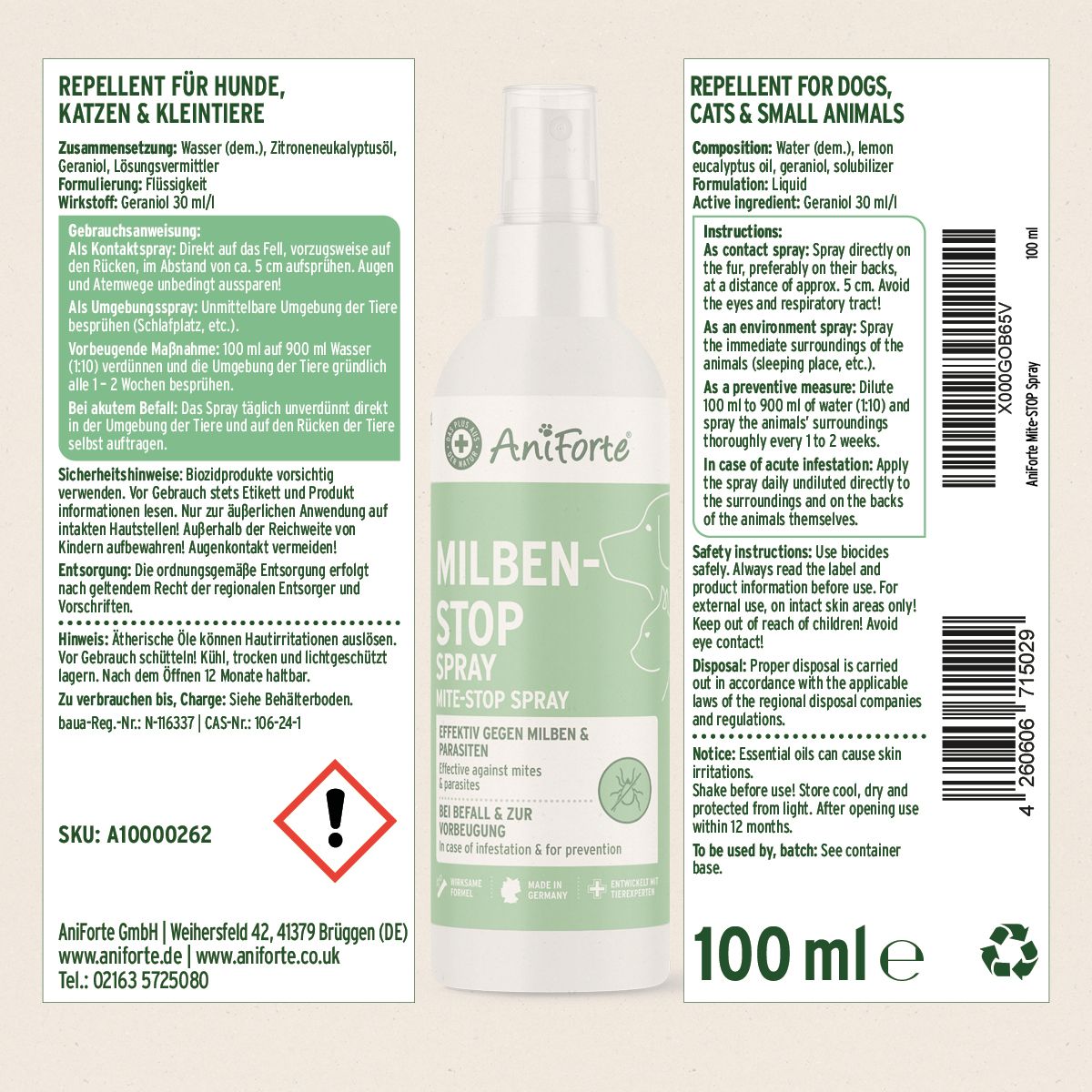 Etikett der AniForte Milben-STOP Spray Flasche. Enthält Informationen zu Inhaltsstoffen, Anwendung und Warnhinweisen.