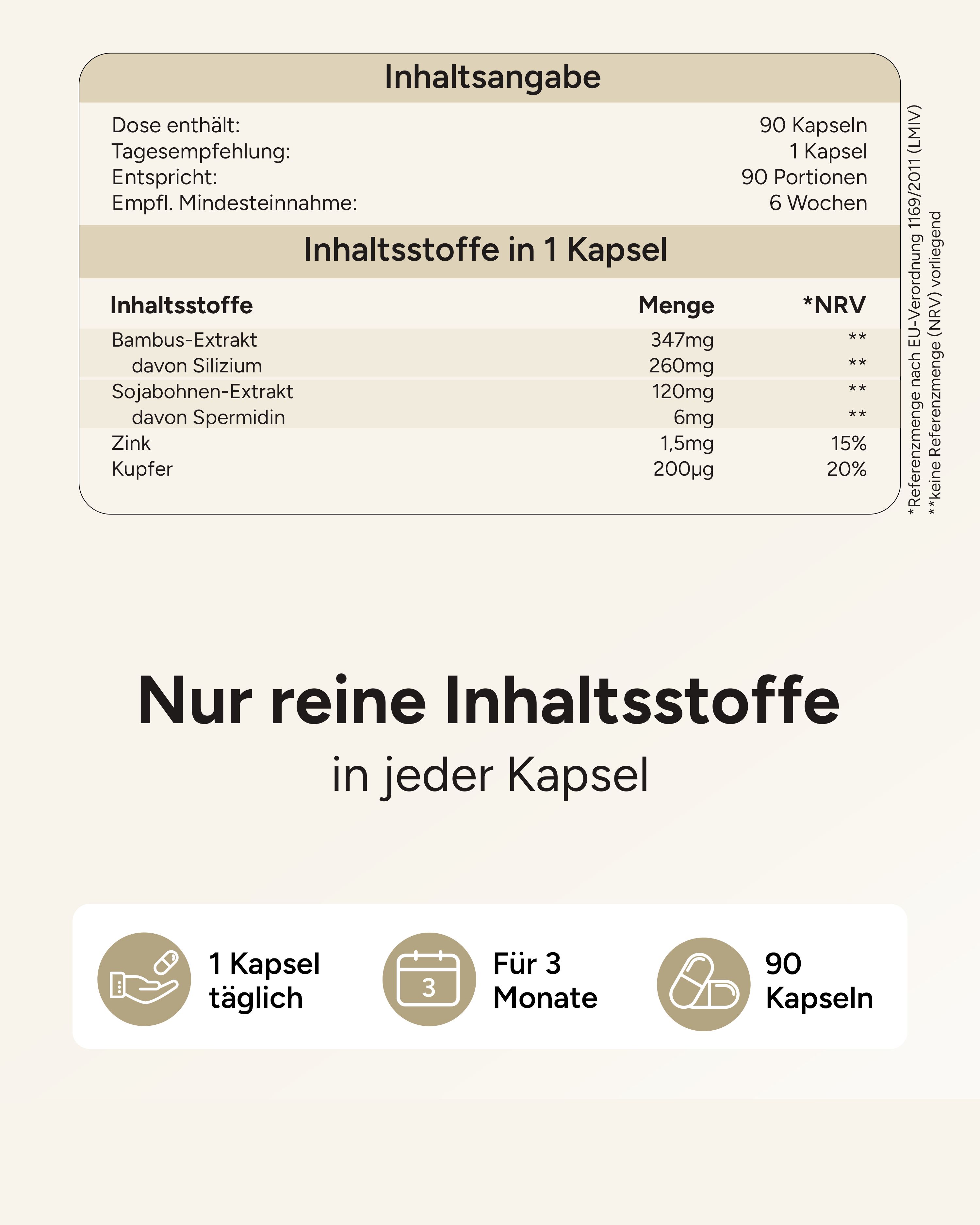 Nährwerttabelle. 90 Kapseln, 1 Kapsel pro Tag. Inhaltsstoffe: Bambus, Silizium, Sojabohnen, Spermidin, Zink, Kupfer.