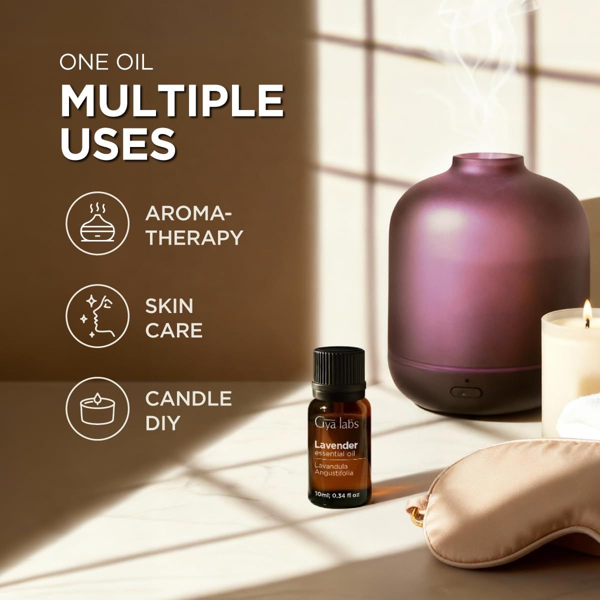 Diffusor, Ölflasche, Kerze, Augenmaske. Text: Ein Öl, mehrere Anwendungen: Aromatherapie, Hautpflege, Kerzen-DIY. Gya Labs Lavendelöl.