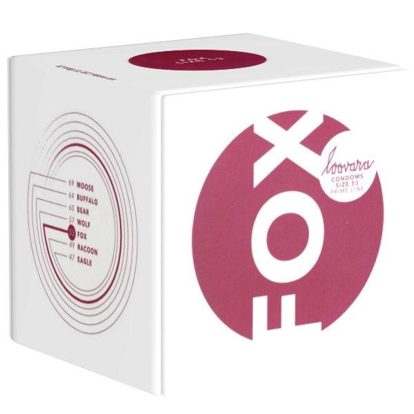 Weiße Würfelverpackung für Loovara Kondome, Größe 53mm Fox.