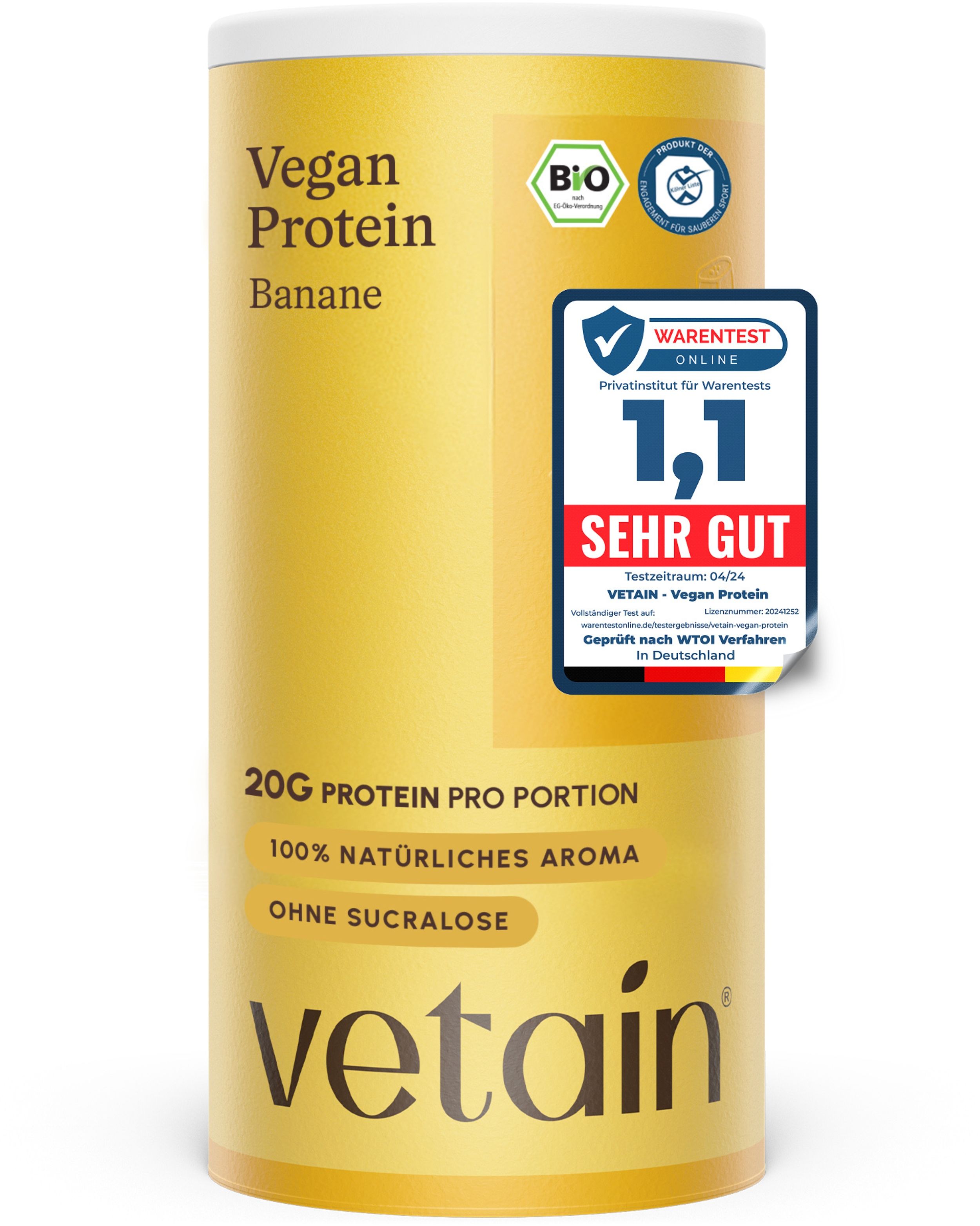 Gelbe Dose VETAIN Vegan Protein Banane mit 20g Protein pro Portion und Bio-Siegel.