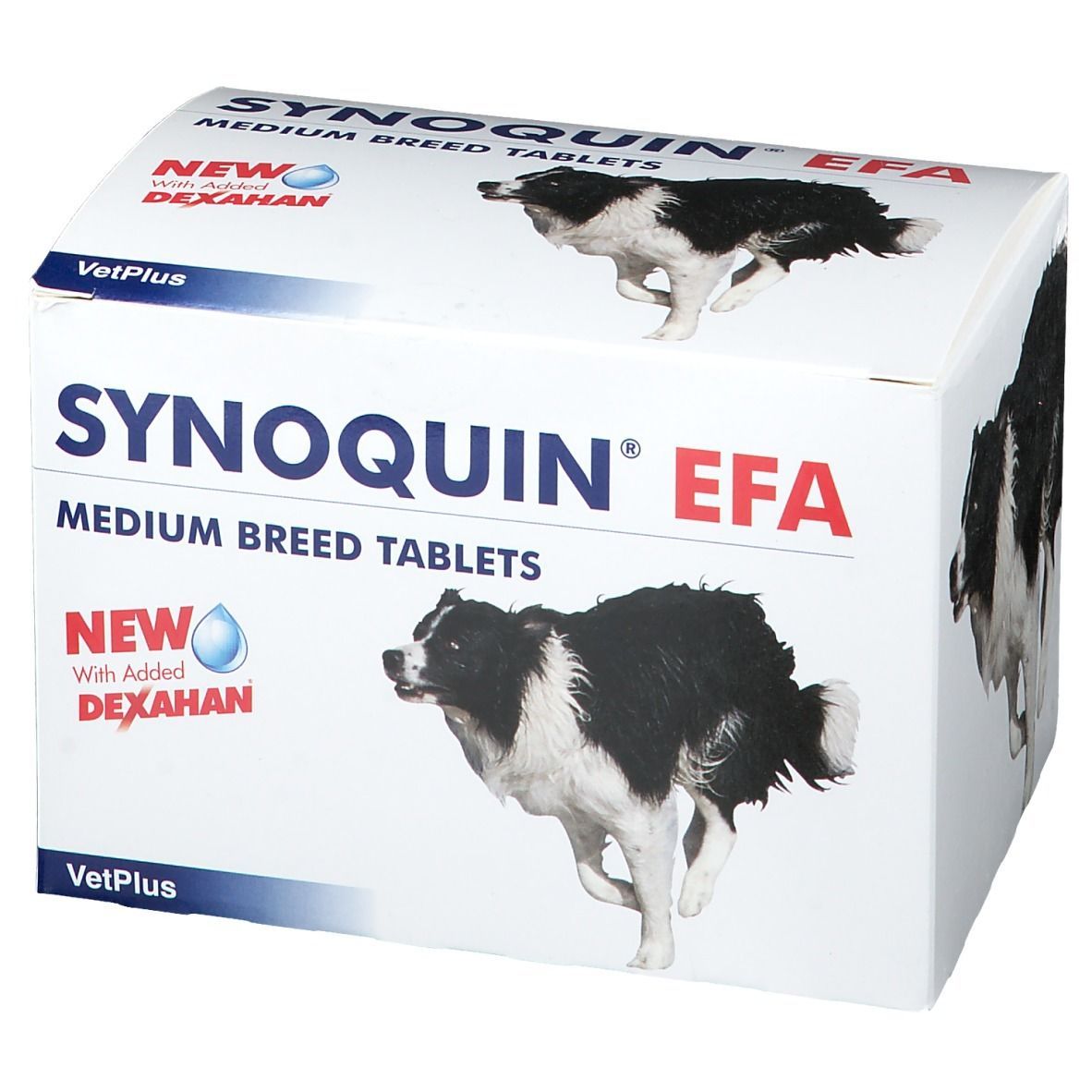 Weiße Verpackung mit Produktnamen und Hundebildern. Aufschrift: Synoquin EFA Medium Breed Tablets.