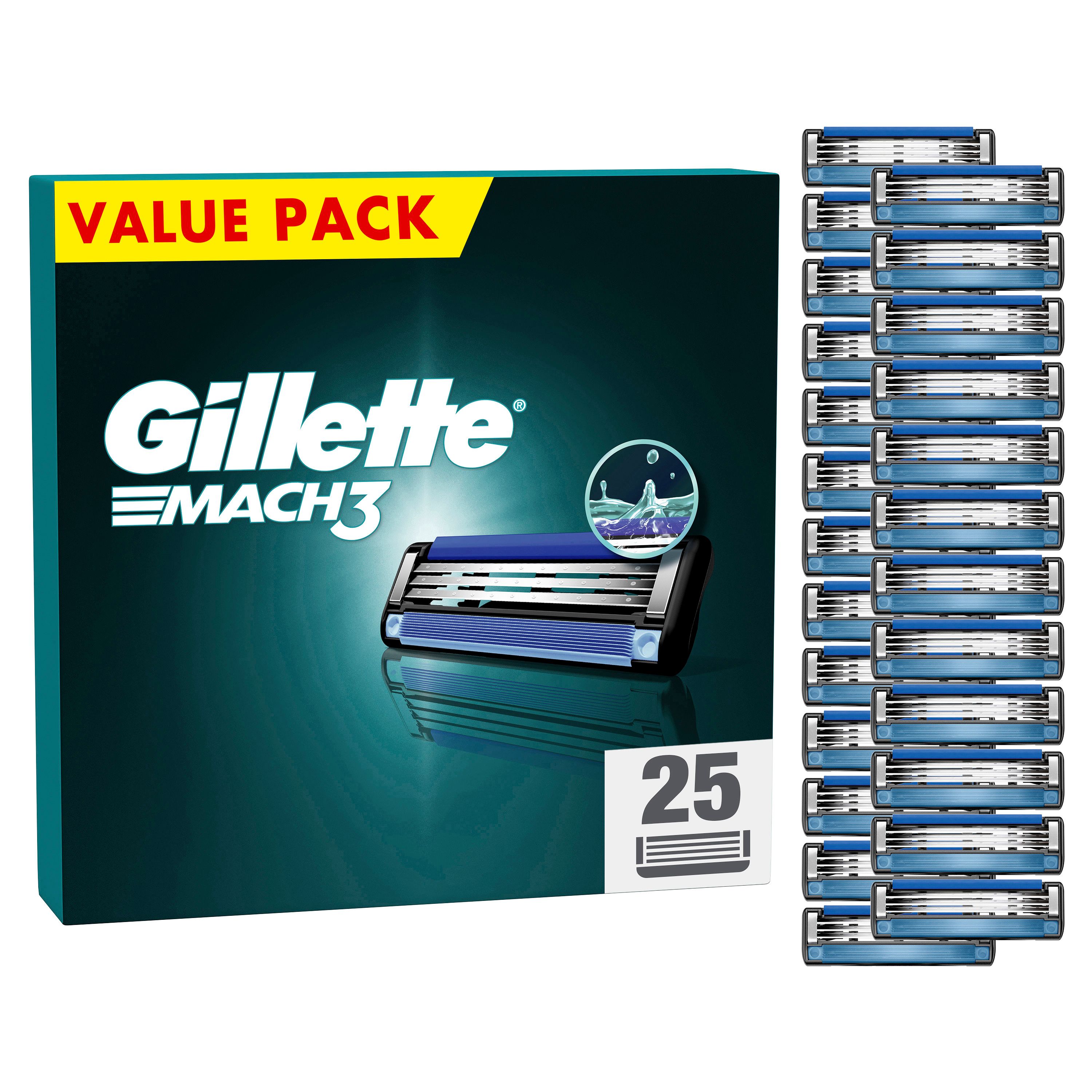 Gillette Mach3 Rasierklingen, 25 Stück Packung. Blaue Klingen, grüne Verpackung mit "Value Pack" Aufschrift.