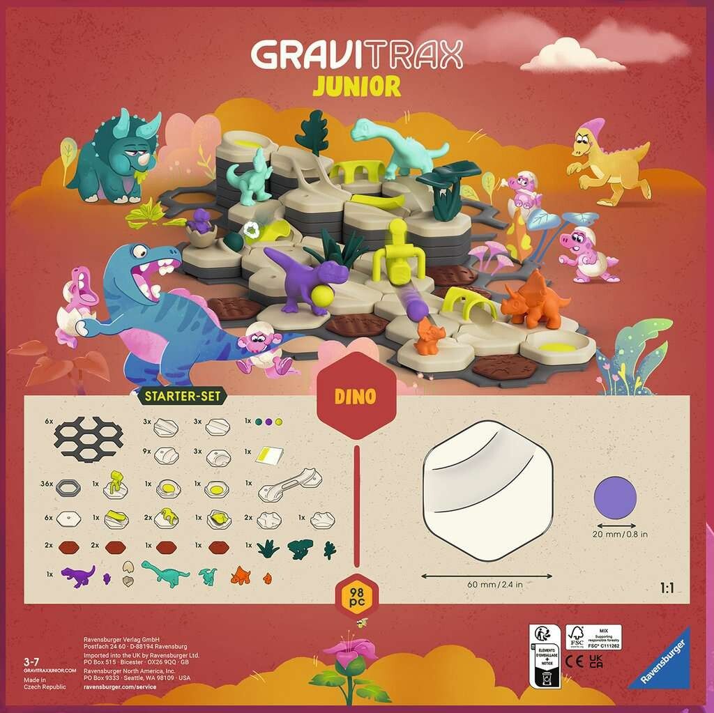 GraviTrax Junior Dino Starter-Set mit bunten Dinosaurierfiguren und Bausteinen für eine Murmelbahn.