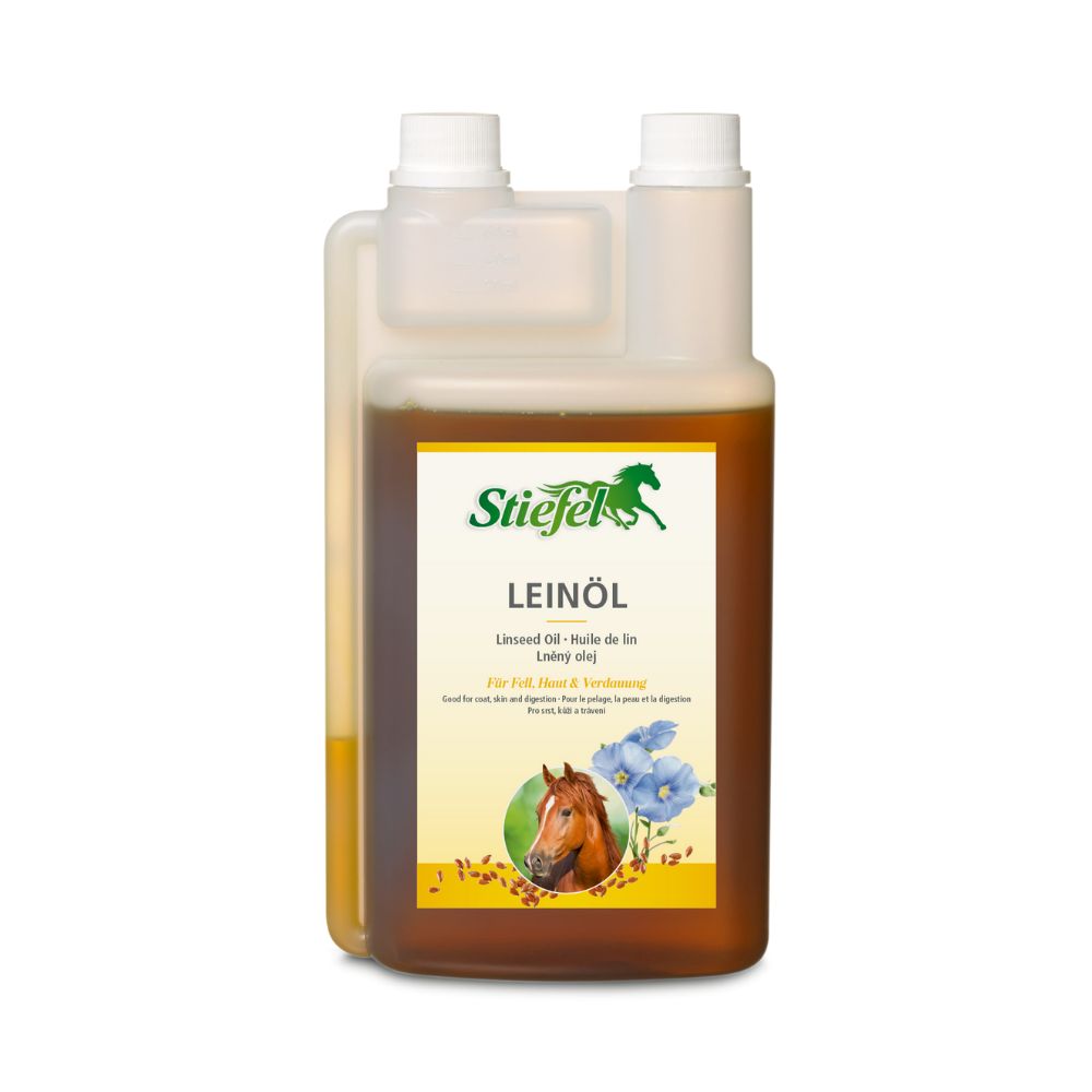 Leinöl-Flasche mit Etikett. Logo, Produktname und Illustrationen. Text: Für Haut & Verdauung.