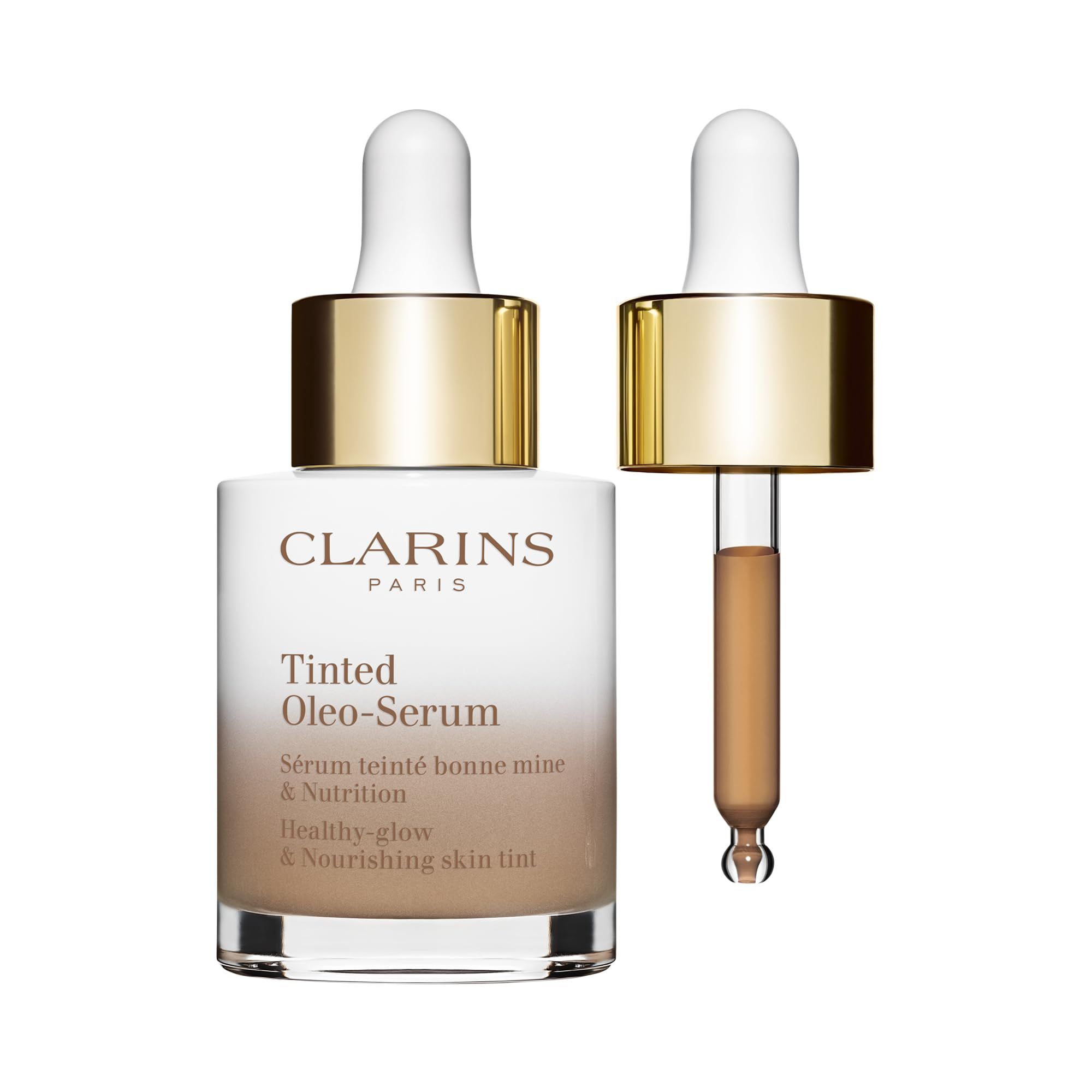 Clarins Tinted Oleo-Serum Flasche mit geöffneter Pipette. Weißes Glas, goldener Deckel, Produktbezeichnung.