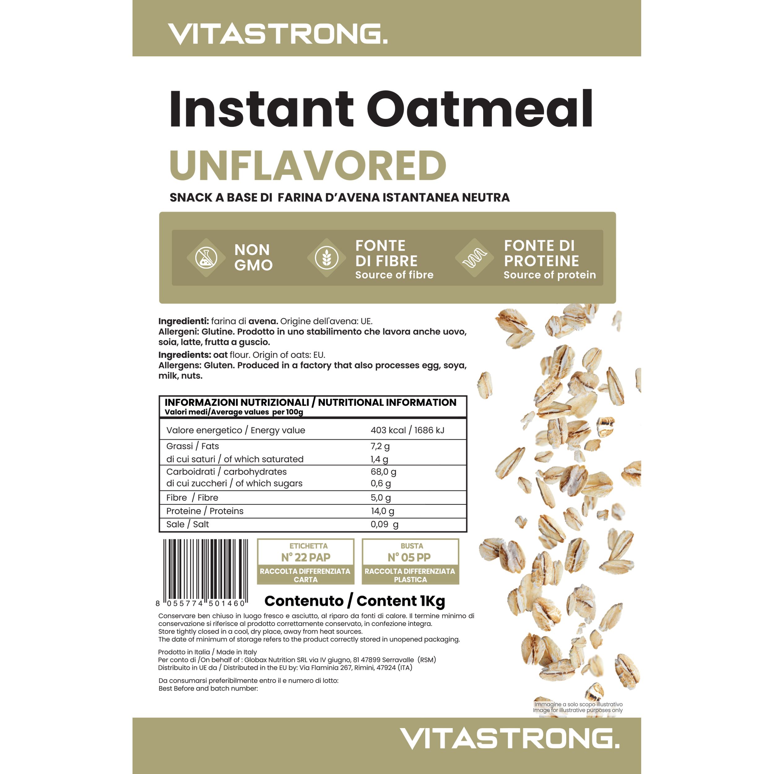 Vitastrong Instant Oatmeal, unflavored. Nährwertangaben und Zutatenliste. Haferflocken-Abbildung.