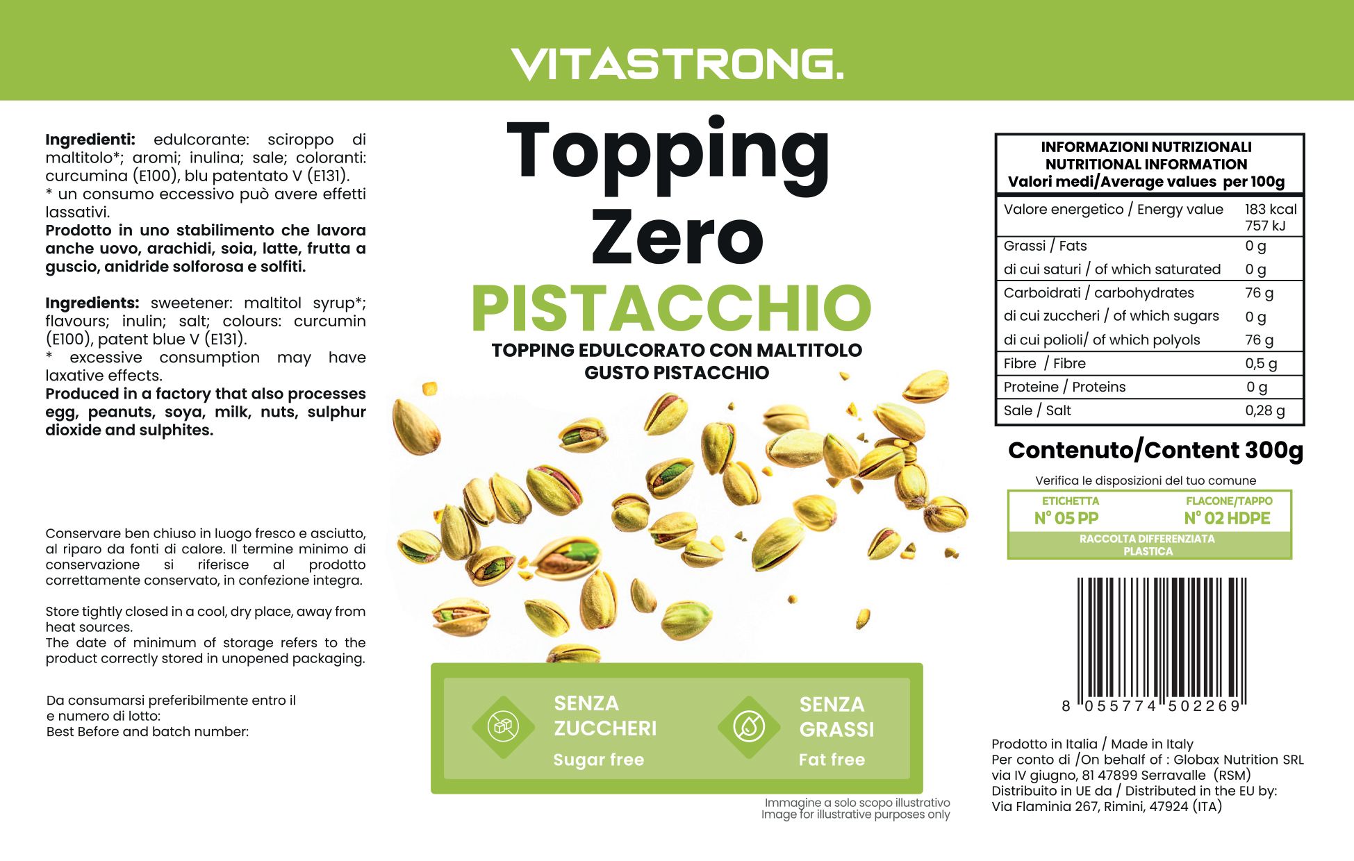 Etikett mit Aufschrift: Vitastrong Topping Zero Pistacchio. Abbildung von Pistazien. Text: "Sugar free", "Fat free". Nährwertangaben.