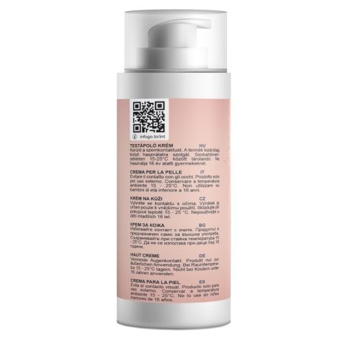 Rückseite der Creme-Spenderflasche. Rosa Etikett mit Text in verschiedenen Sprachen. QR-Code.