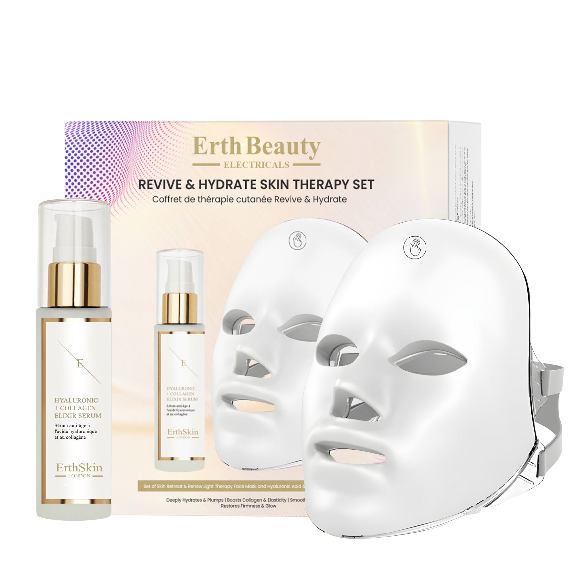Geschenkset mit zwei LED-Gesichtsmasken, zwei Serumflaschen und Verpackung. Aufschrift: ErthSkin London. Revive & Hydrate Skin Therapy Set.