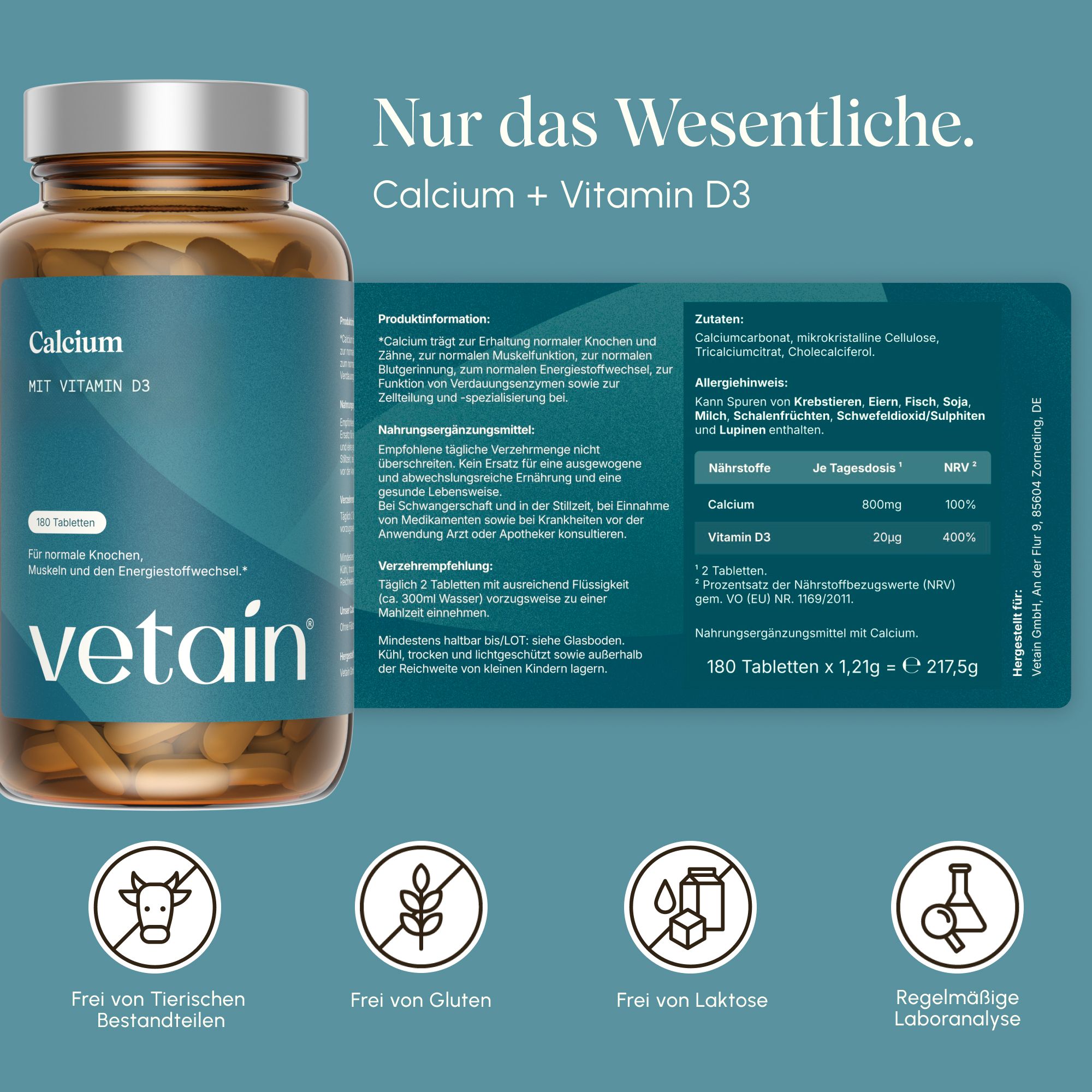 VETAIN Calcium + Vitamin D3 Flasche mit Detailinformationen und Siegeln.