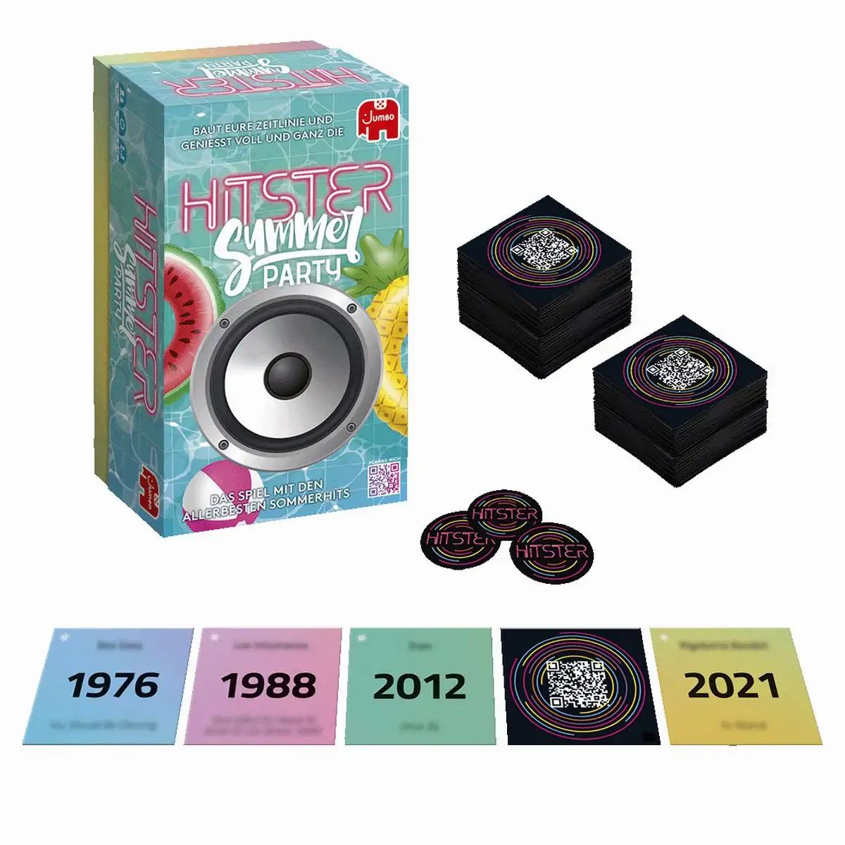 Kartonverpackung "Hitster Summer Party" mit Kartenstapeln und Spielkarten. Logo Jumbo. Karten mit Jahreszahlen und QR-Codes.