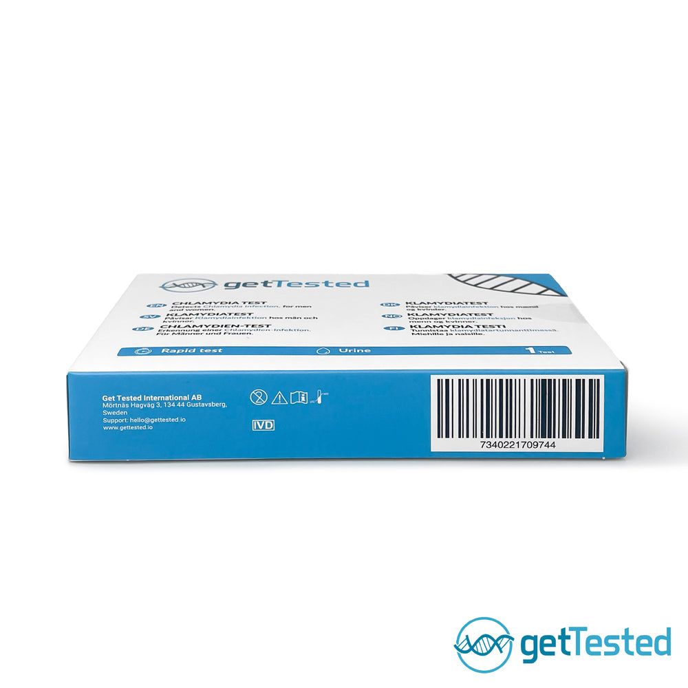 GetTested Chlamydien-Test-Box. Enthält Test für Männer und Frauen. Blaue und weiße Verpackung mit Logo und Produktnamen.