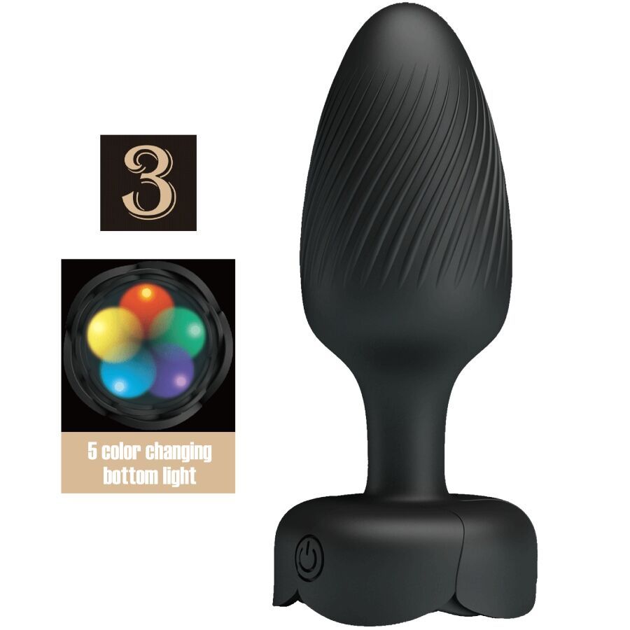 Schwarzer Analplug mit LED-Licht. Konische Form, gerillte Oberfläche. 5-farbiges Licht. Ziffer 3.
