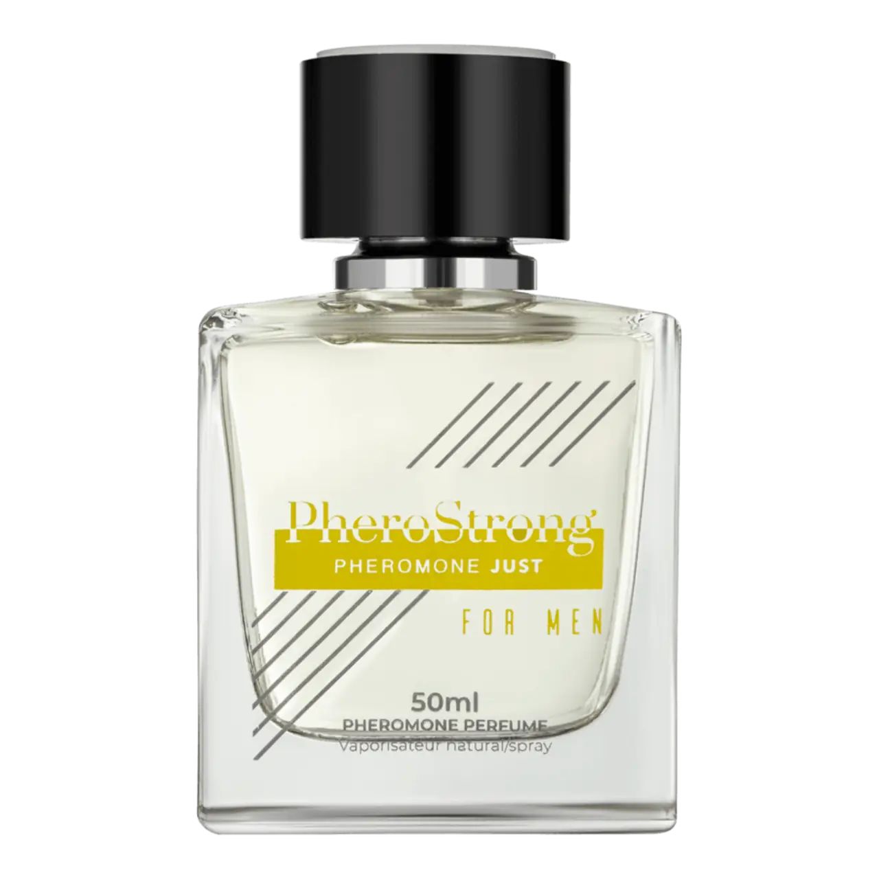 Flakon mit schwarzem Deckel. Aufschrift PheroStrong, Pheromone Just Für Männer. 50ml. Natürliches Spray.