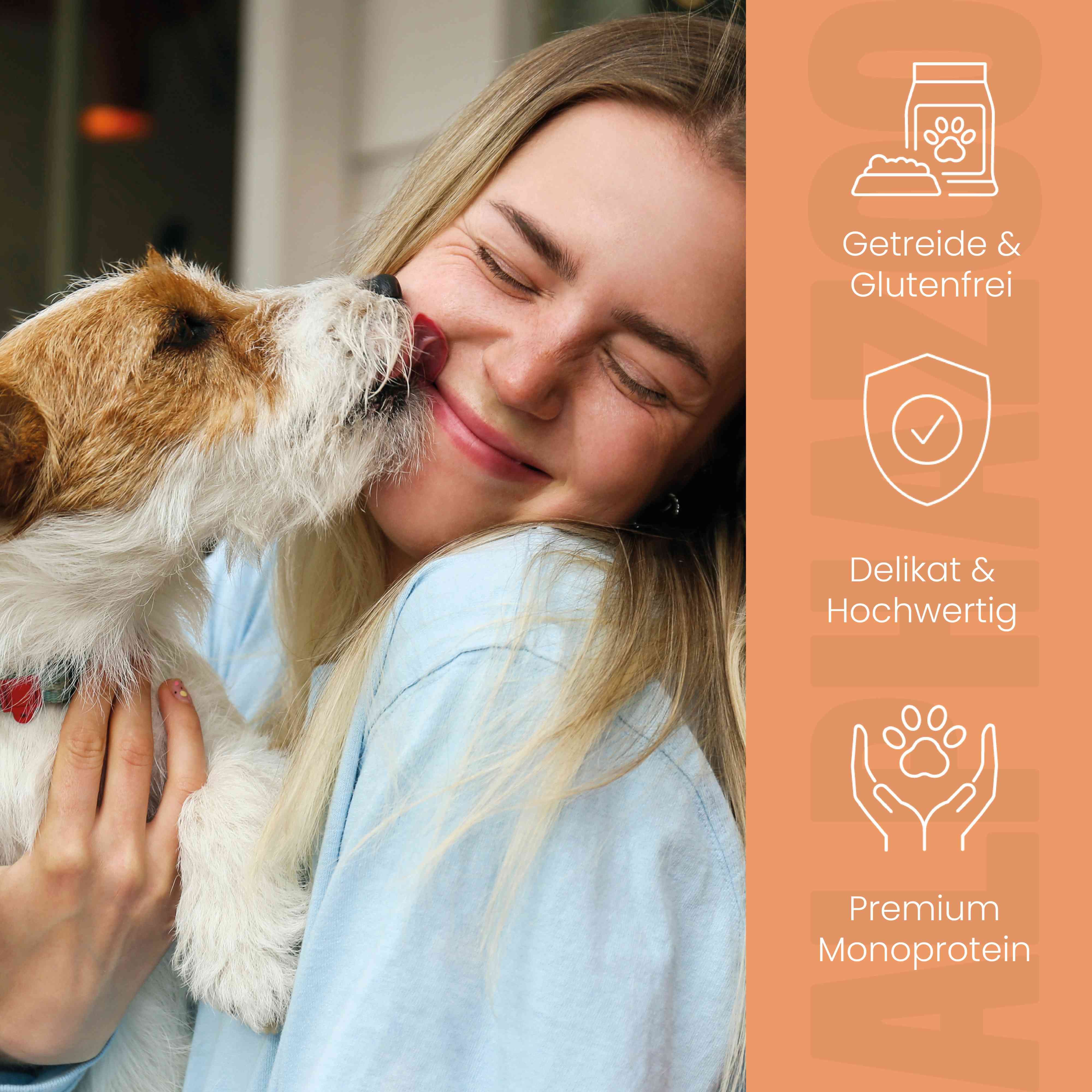 Frau und Hund. Text: Getreide & Glutenfrei, Delikat & Hochwertig, Premium Monoprotein. Icons: Futterdose, Schild, Pfote.