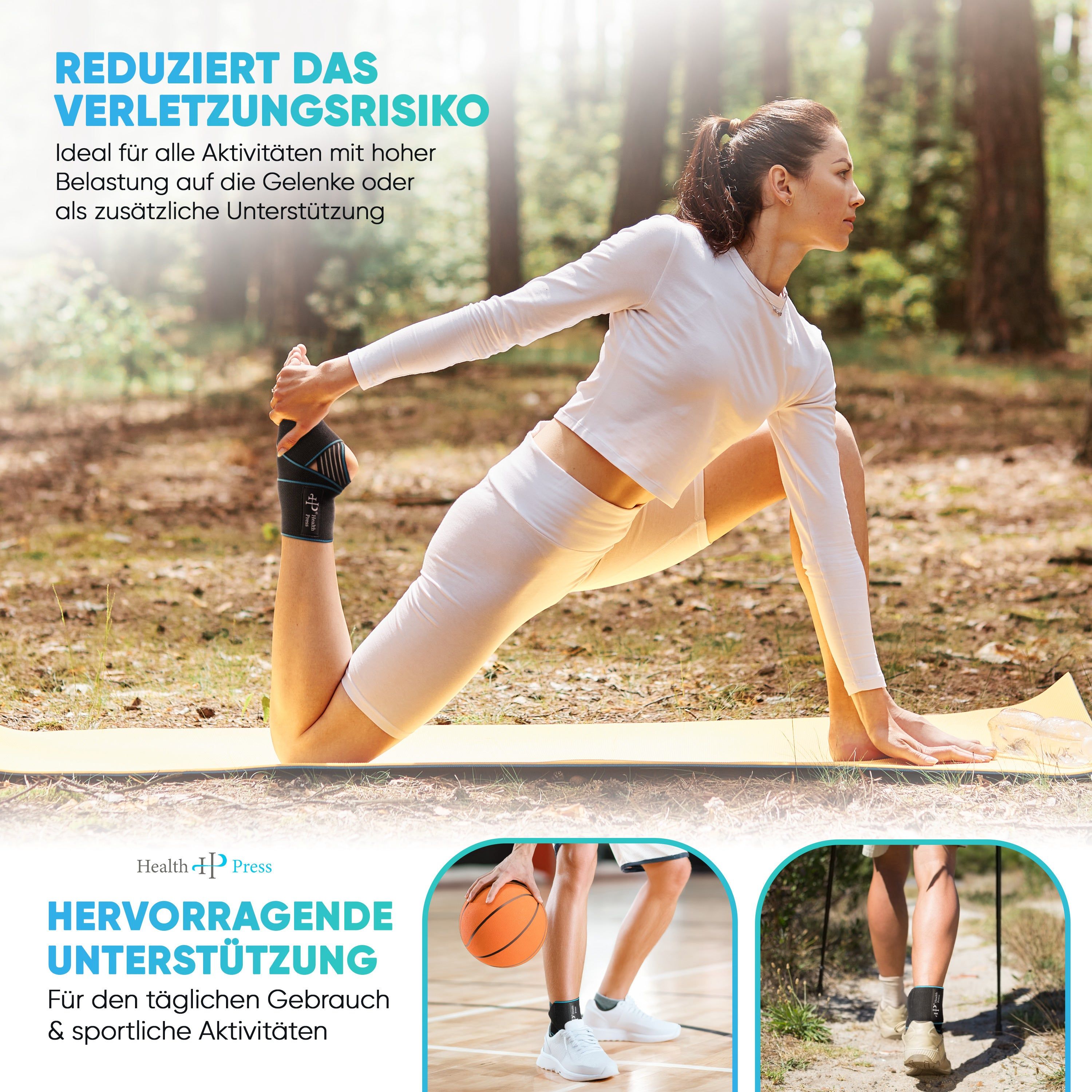 Frau in Yoga-Pose mit Knöchelbandage. Text: Reduziert Verletzungsrisiko. Untere Bilder: Basketball, Gehen. Logo: Health Press.